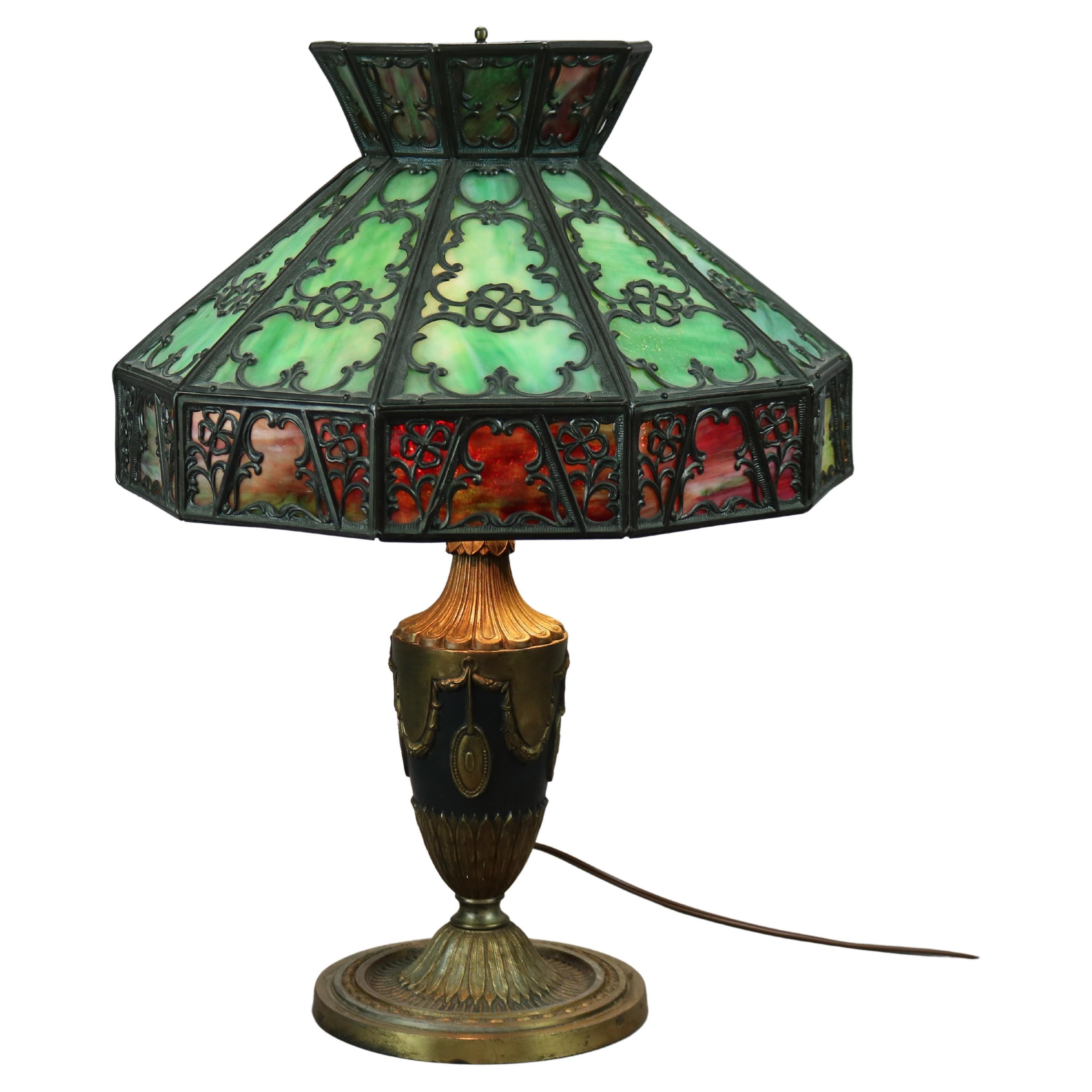 Antique Arts and Crafts Bradley and Hubbard Two-Tone Slag Glass Lamp,  Clover, c1920 at 1stDibs | green slag glass lamp