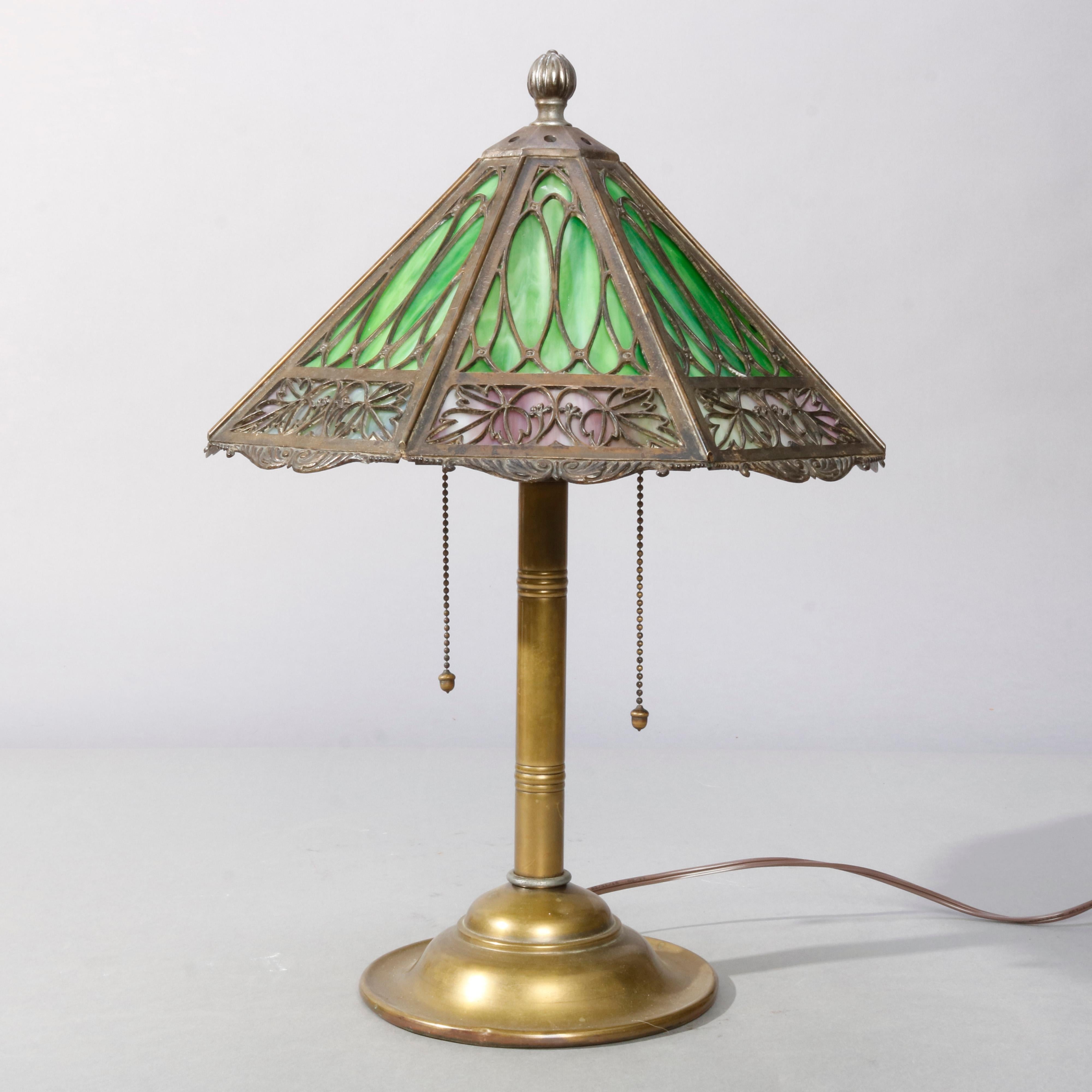 Antique Arts & Crafts Bradly & Hubbard Slag Glass Table Lamp, circa 1920 4