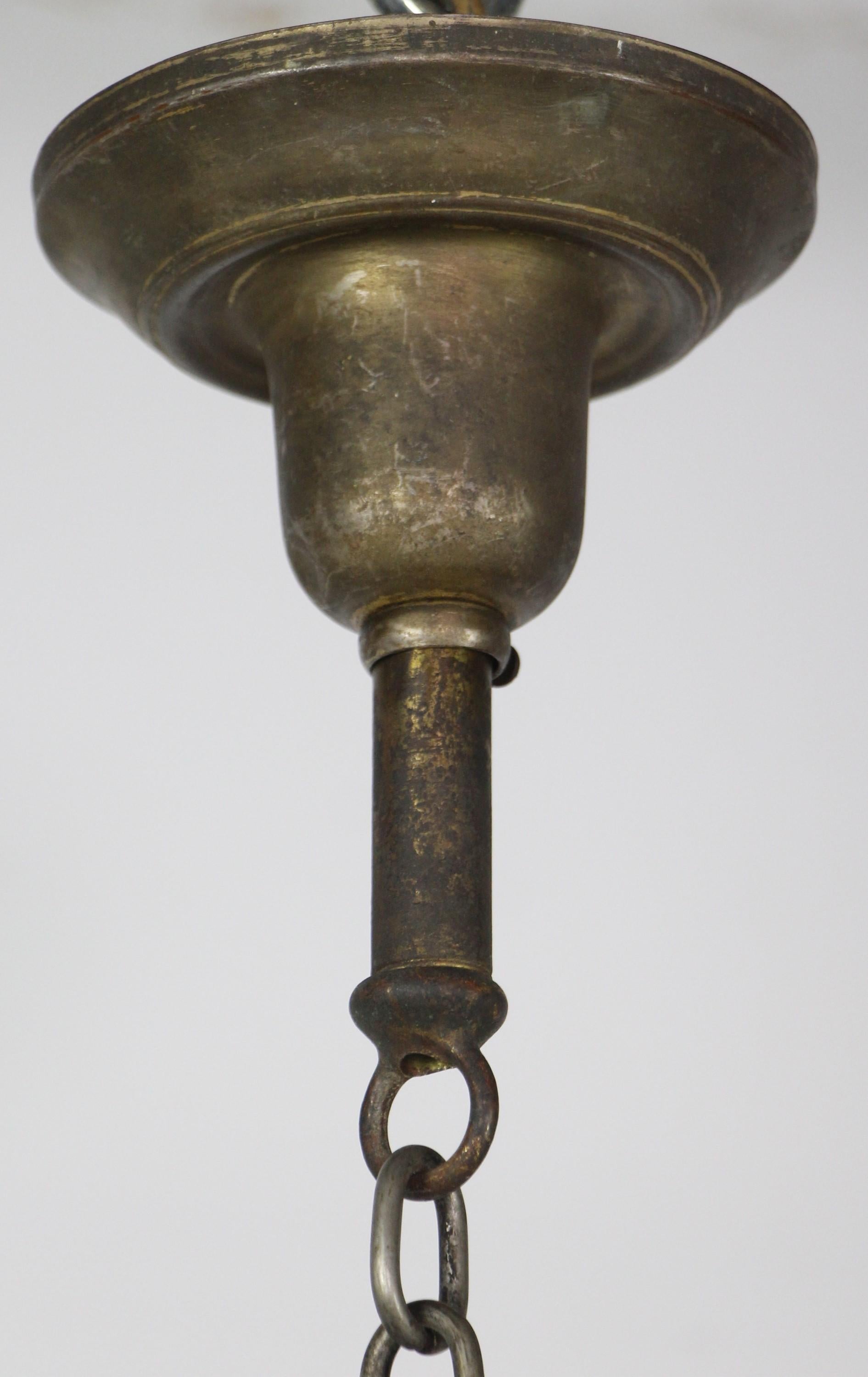 Antique Arts & Crafts Brass 4 Arm Chandelier - Round Wheel & Candlestick Arms 5