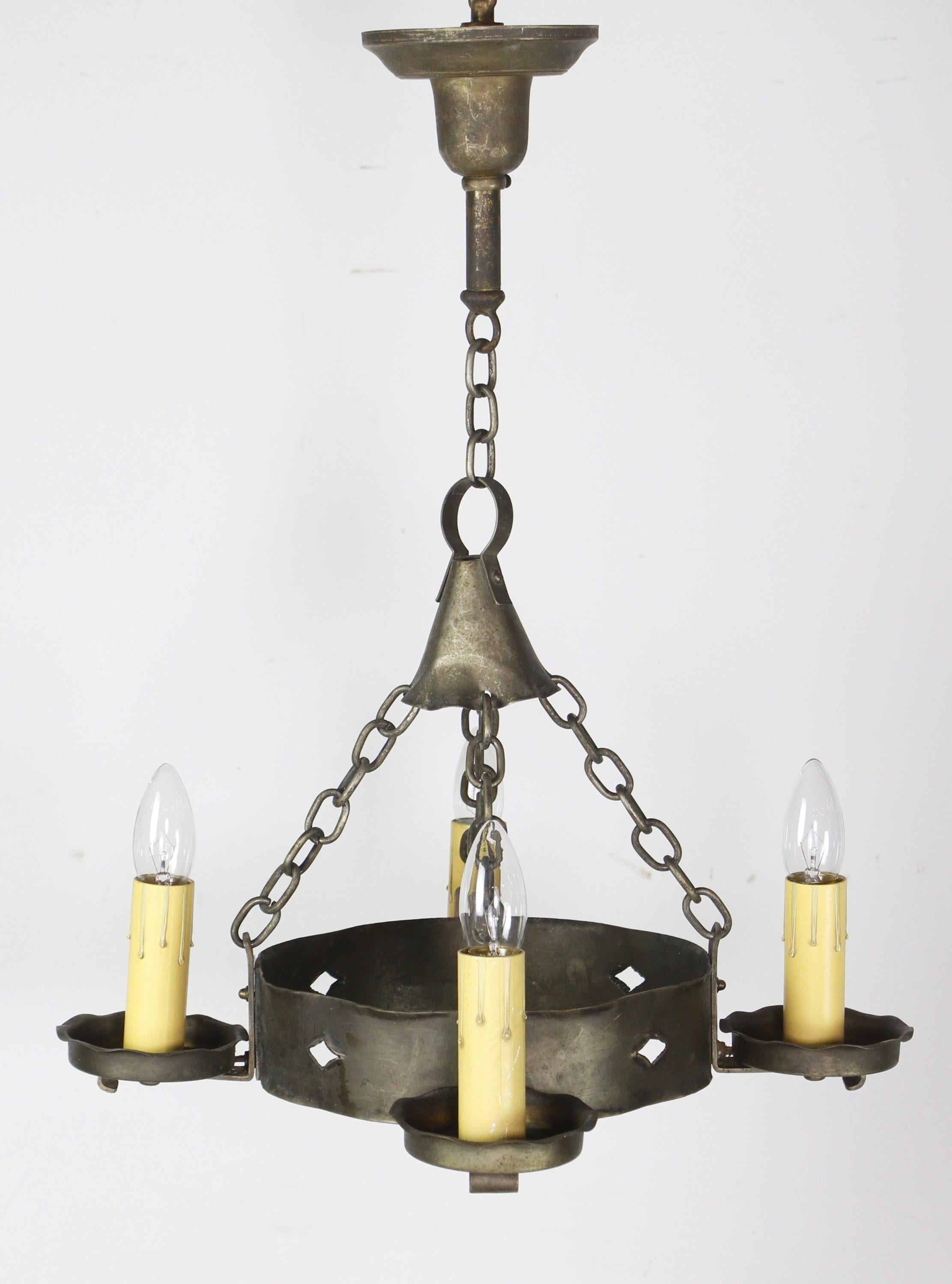 Arts and Crafts Antique Arts & Crafts Brass 4 Arm Chandelier - Round Wheel & Candlestick Arms