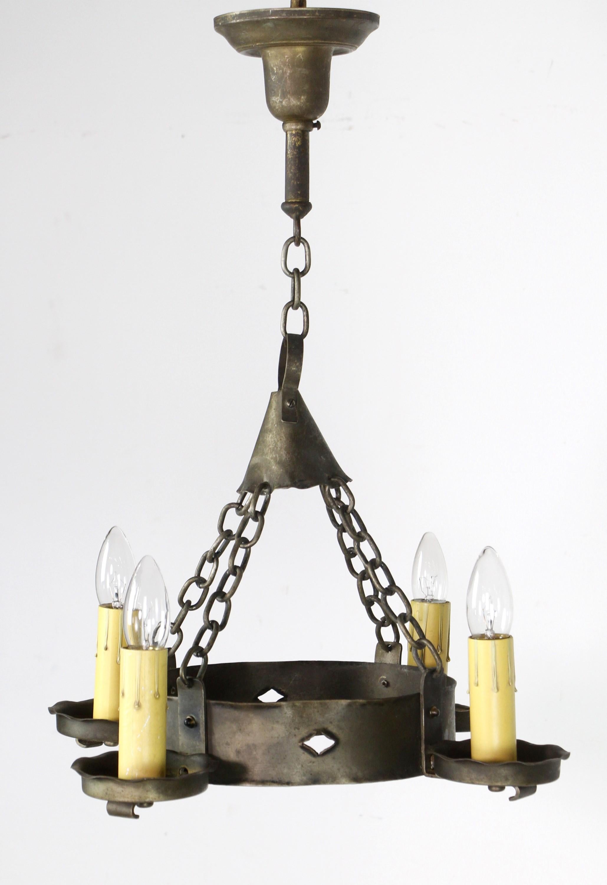 American Antique Arts & Crafts Brass 4 Arm Chandelier - Round Wheel & Candlestick Arms
