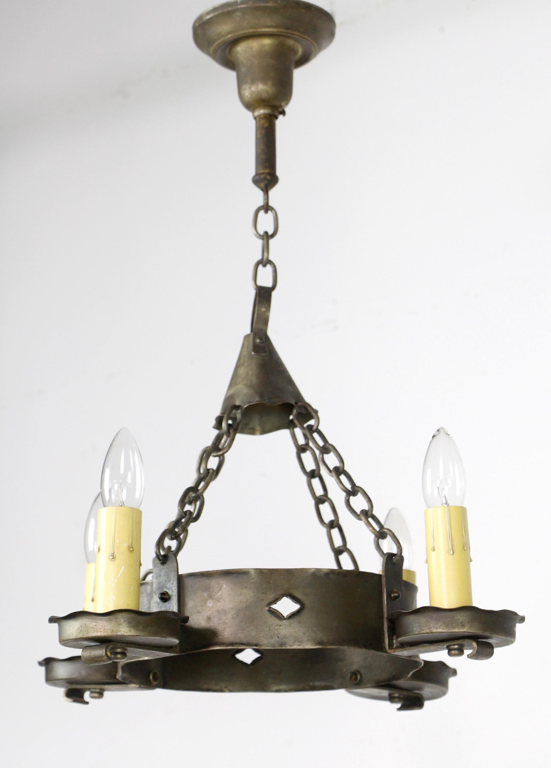 Antique Arts & Crafts Brass 4 Arm Chandelier - Round Wheel & Candlestick Arms In Good Condition In New York, NY
