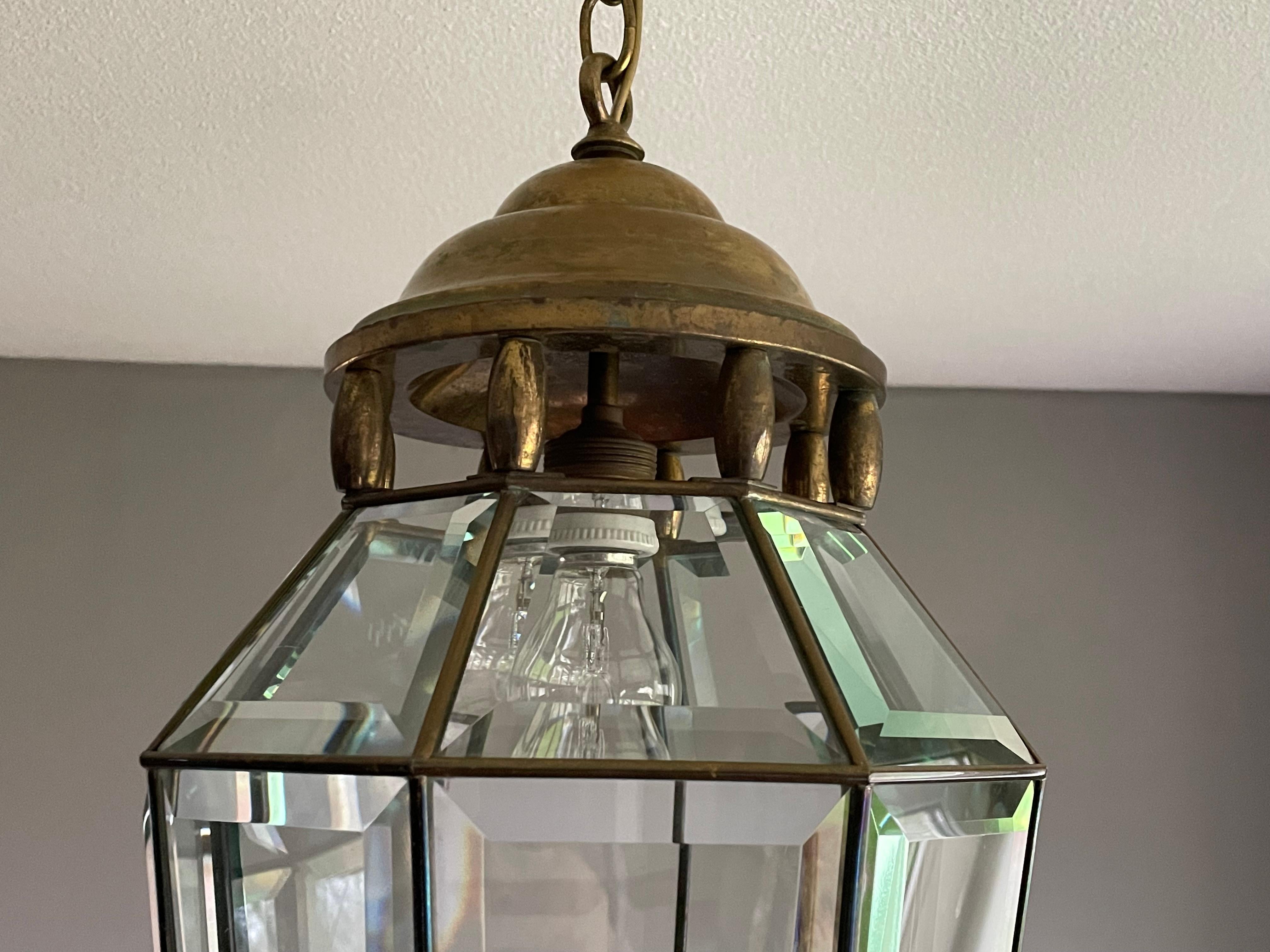 Antique Arts & Crafts Brass and Beveled Glass Entry Hall Pendant / Light Fixture For Sale 9