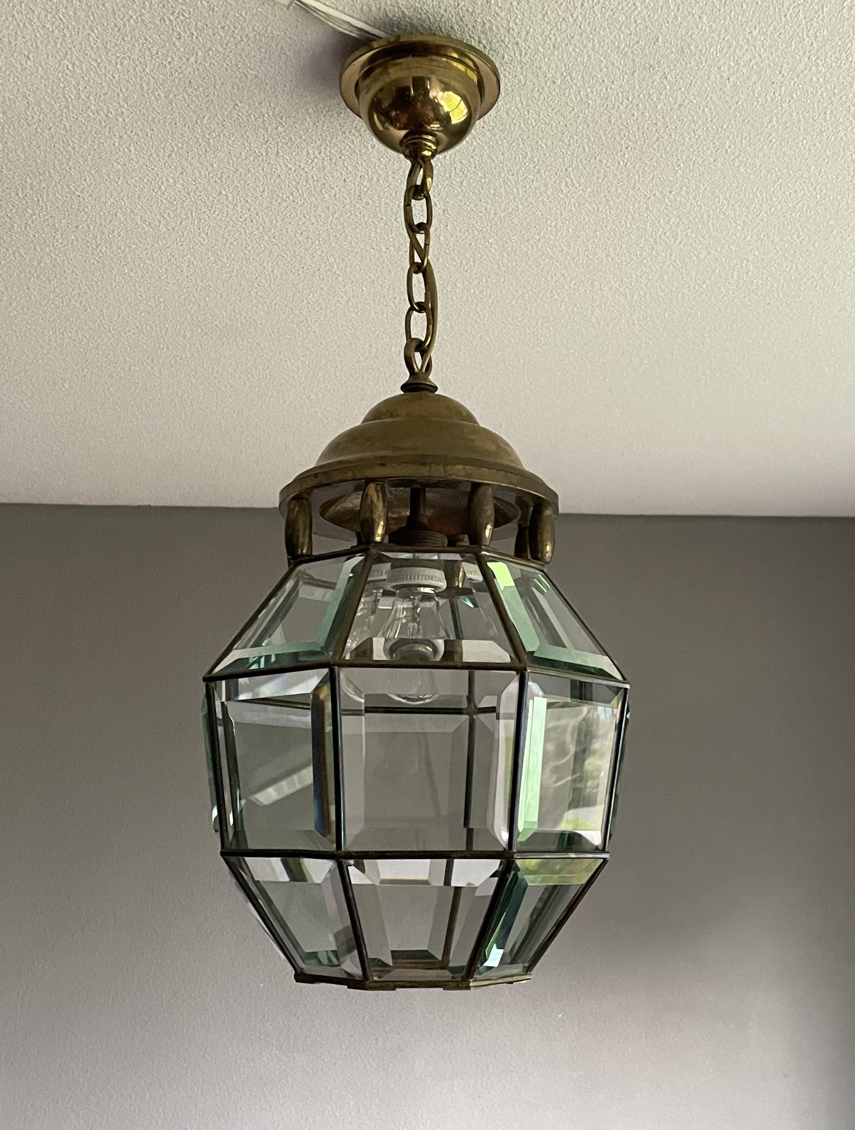 Antique Arts & Crafts Brass and Beveled Glass Entry Hall Pendant / Light Fixture For Sale 11