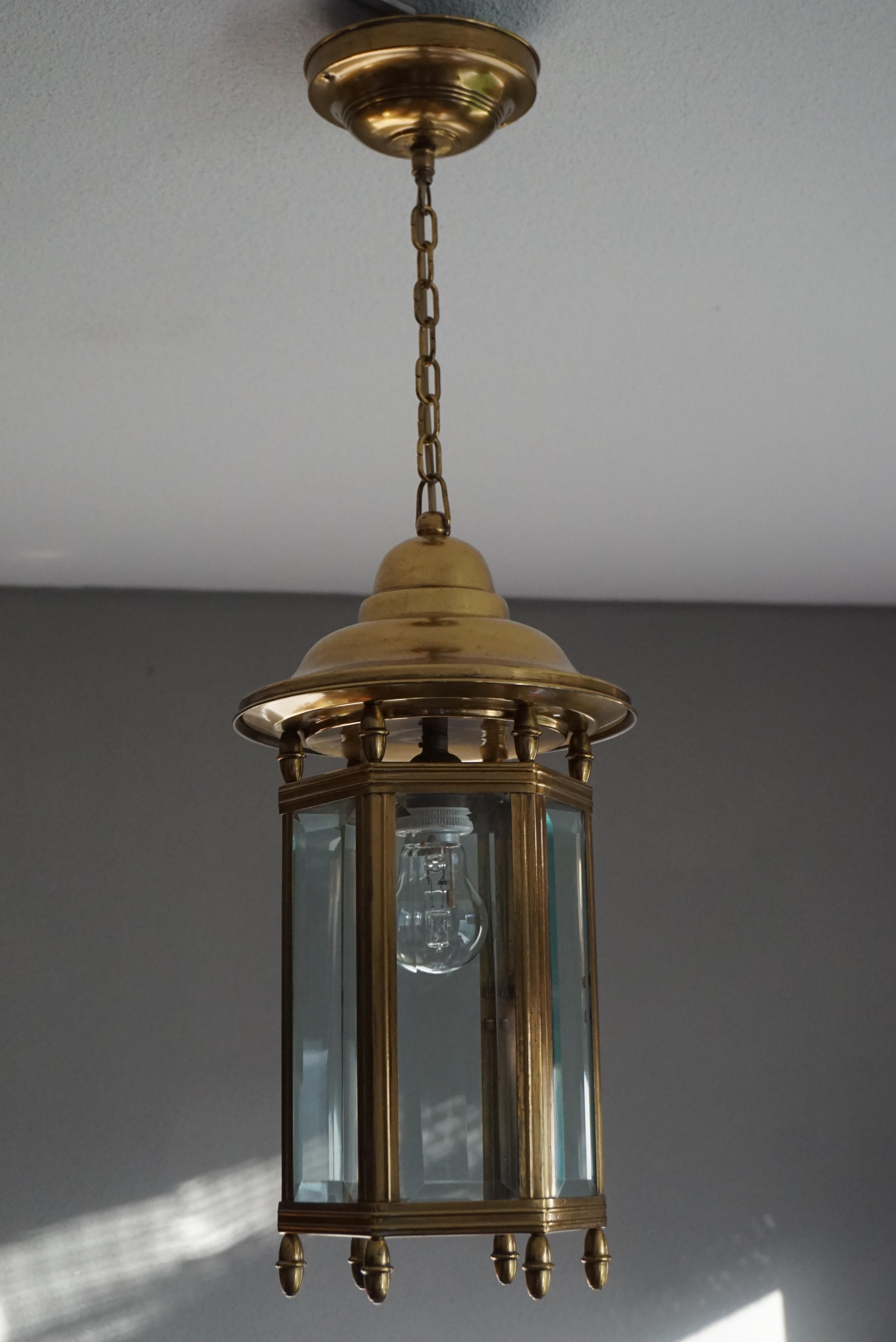 Antique Arts & Crafts Brass and Beveled Glass Entry Hall Pendant / Light Fixture 11