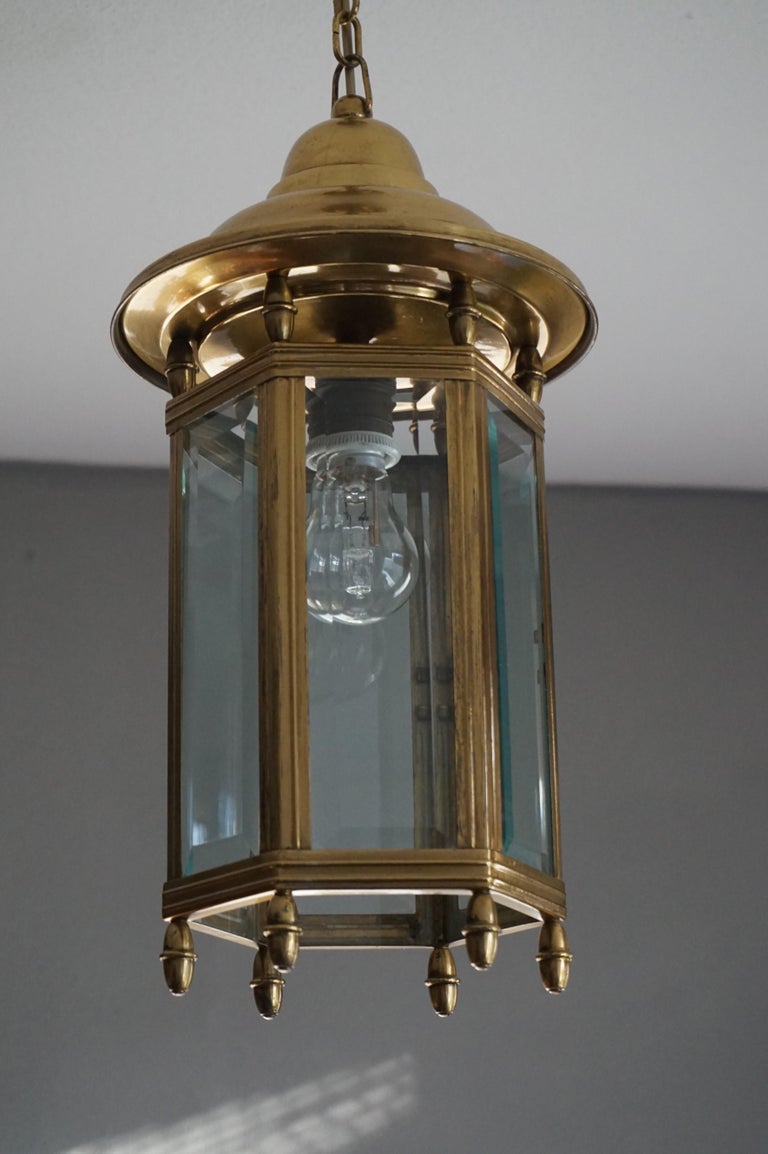 Antique Arts and Crafts Brass and Beveled Glass Entry Hall Pendant