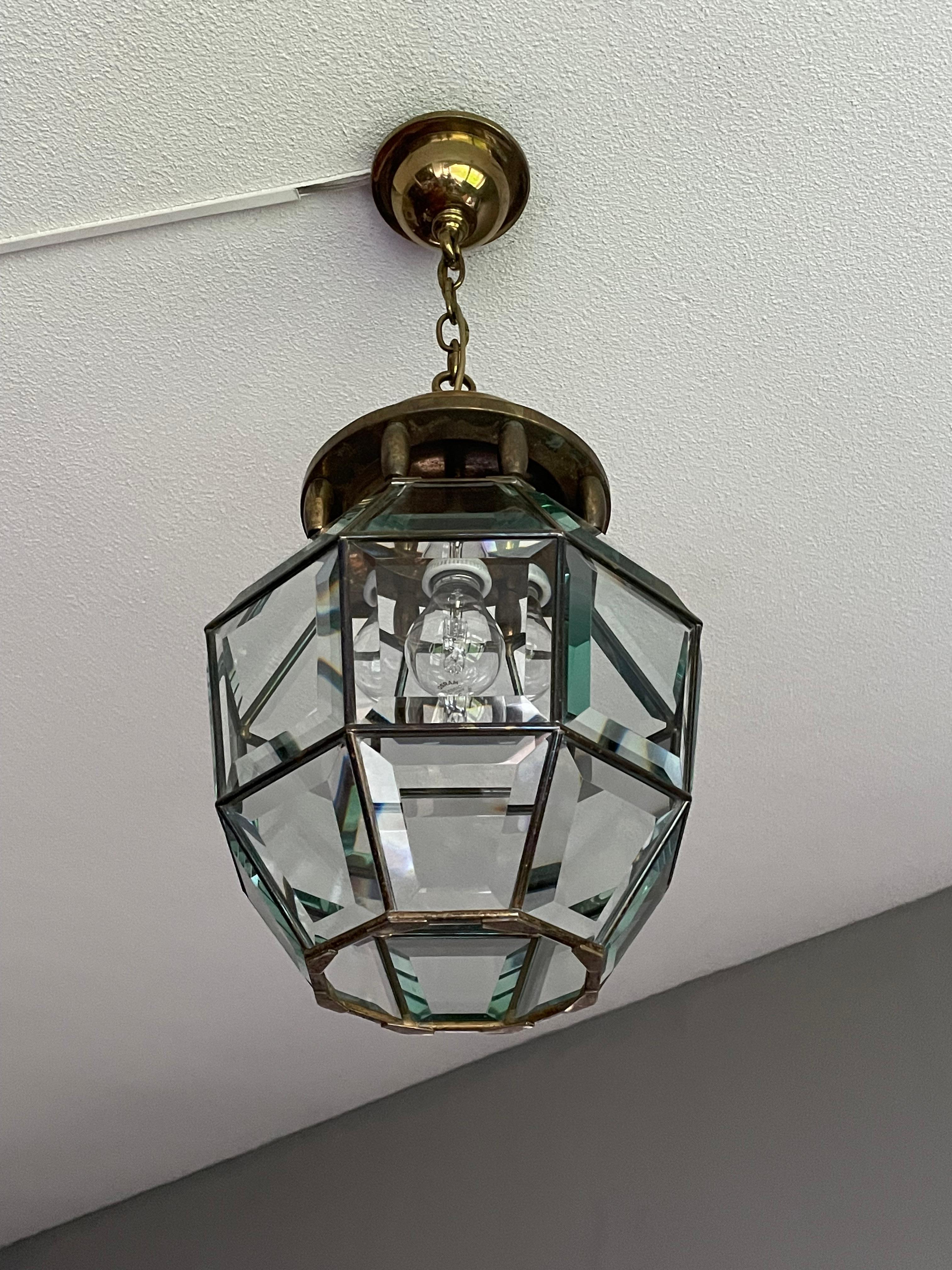European Antique Arts & Crafts Brass and Beveled Glass Entry Hall Pendant / Light Fixture For Sale