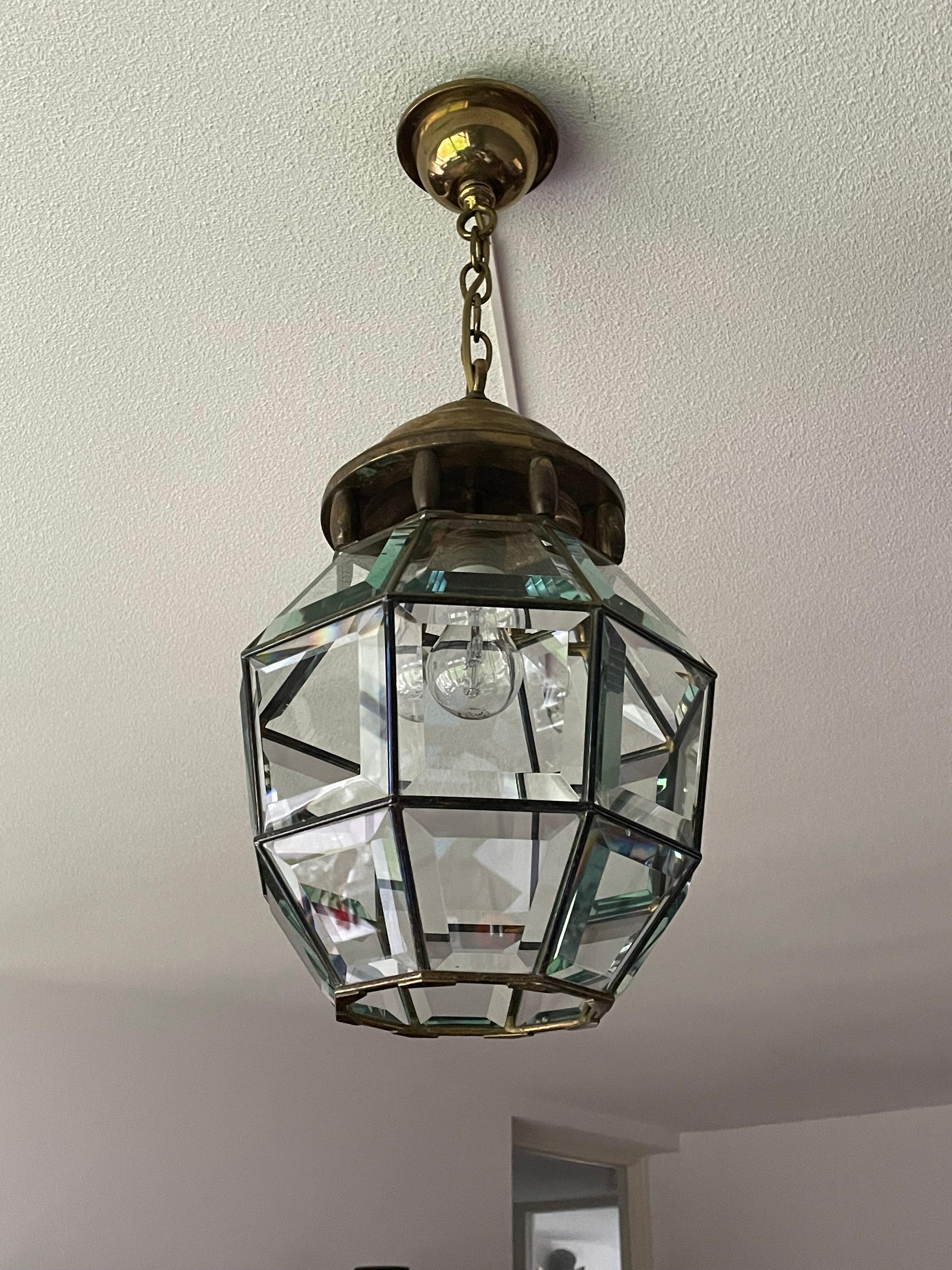 Patinated Antique Arts & Crafts Brass and Beveled Glass Entry Hall Pendant / Light Fixture For Sale