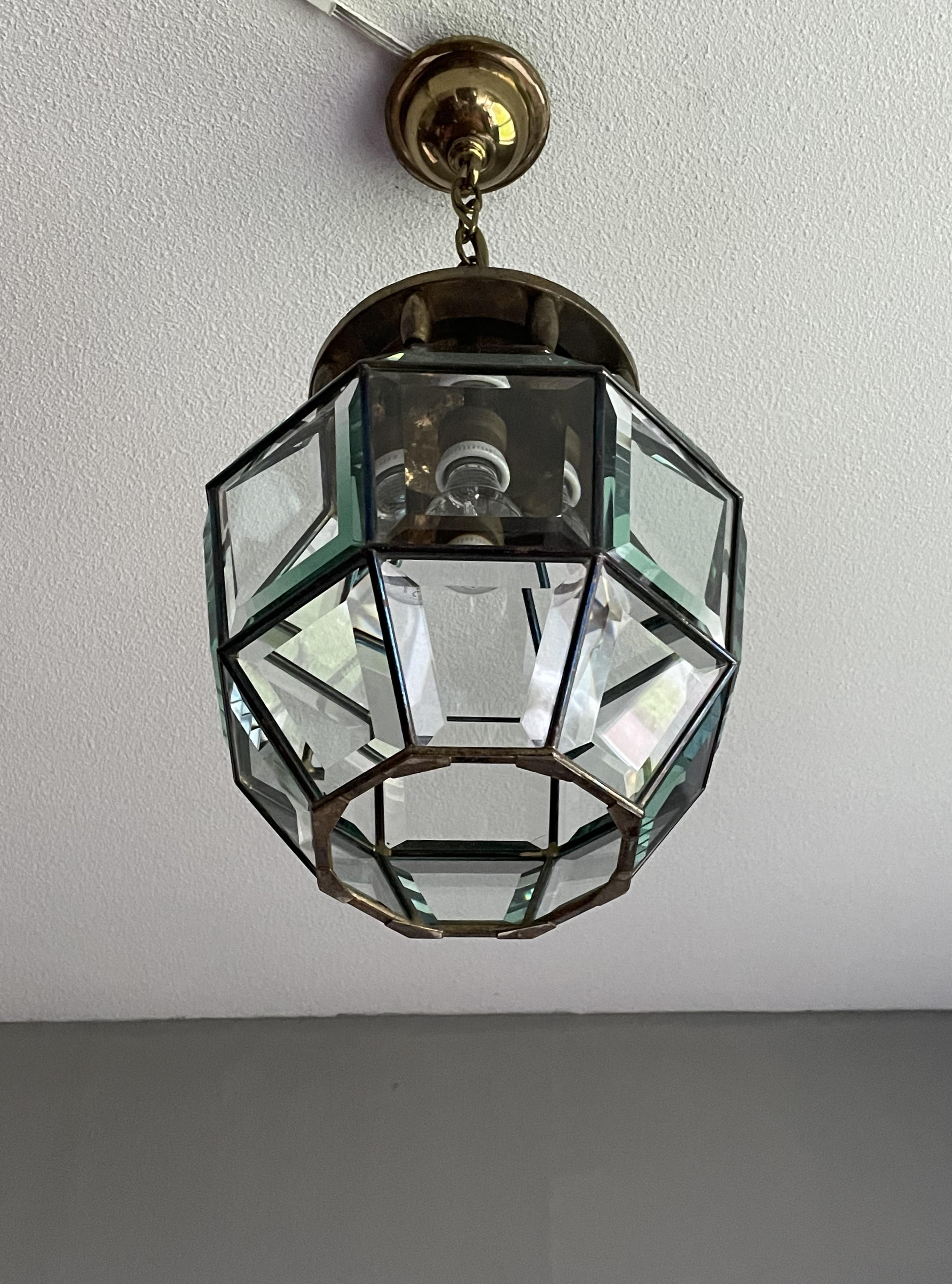 Antique Arts & Crafts Brass and Beveled Glass Entry Hall Pendant / Light Fixture For Sale 2