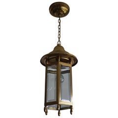 Antique Arts & Crafts Brass and Beveled Glass Entry Hall Pendant / Light Fixture