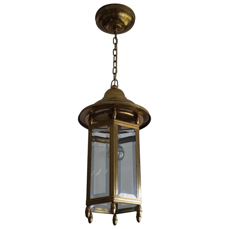 Antique Arts and Crafts Brass and Beveled Glass Entry Hall Pendant / Light  Fixture For Sale at 1stDibs