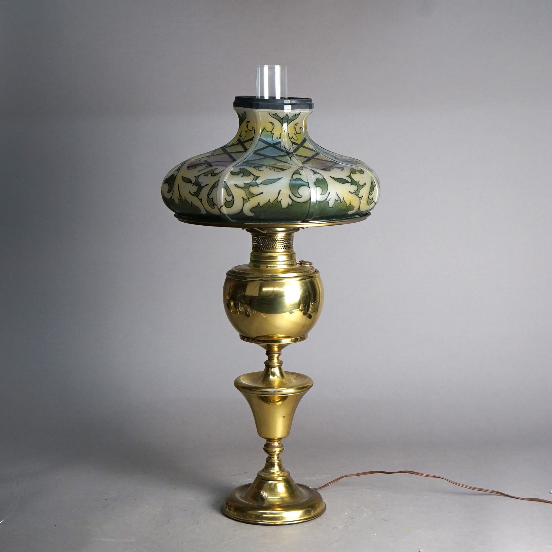 American Antique Arts & Crafts Brass Banquet Lamp & Leaded Glass Style Shade C'1910 For Sale