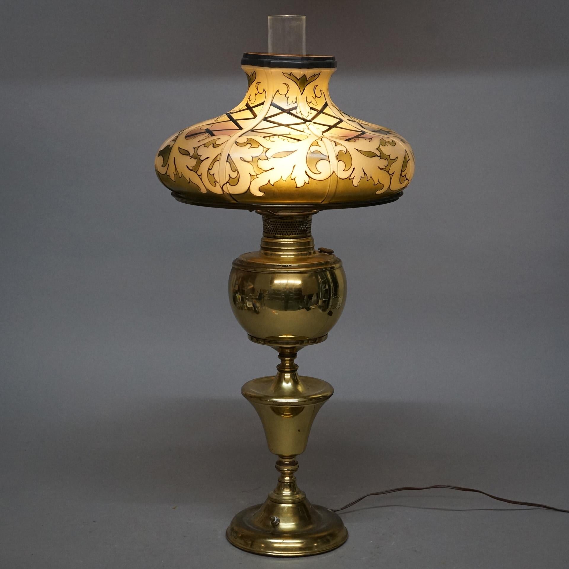 Antique Arts & Crafts Brass Banquet Lamp & Leaded Glass Style Shade C'1910 For Sale 4