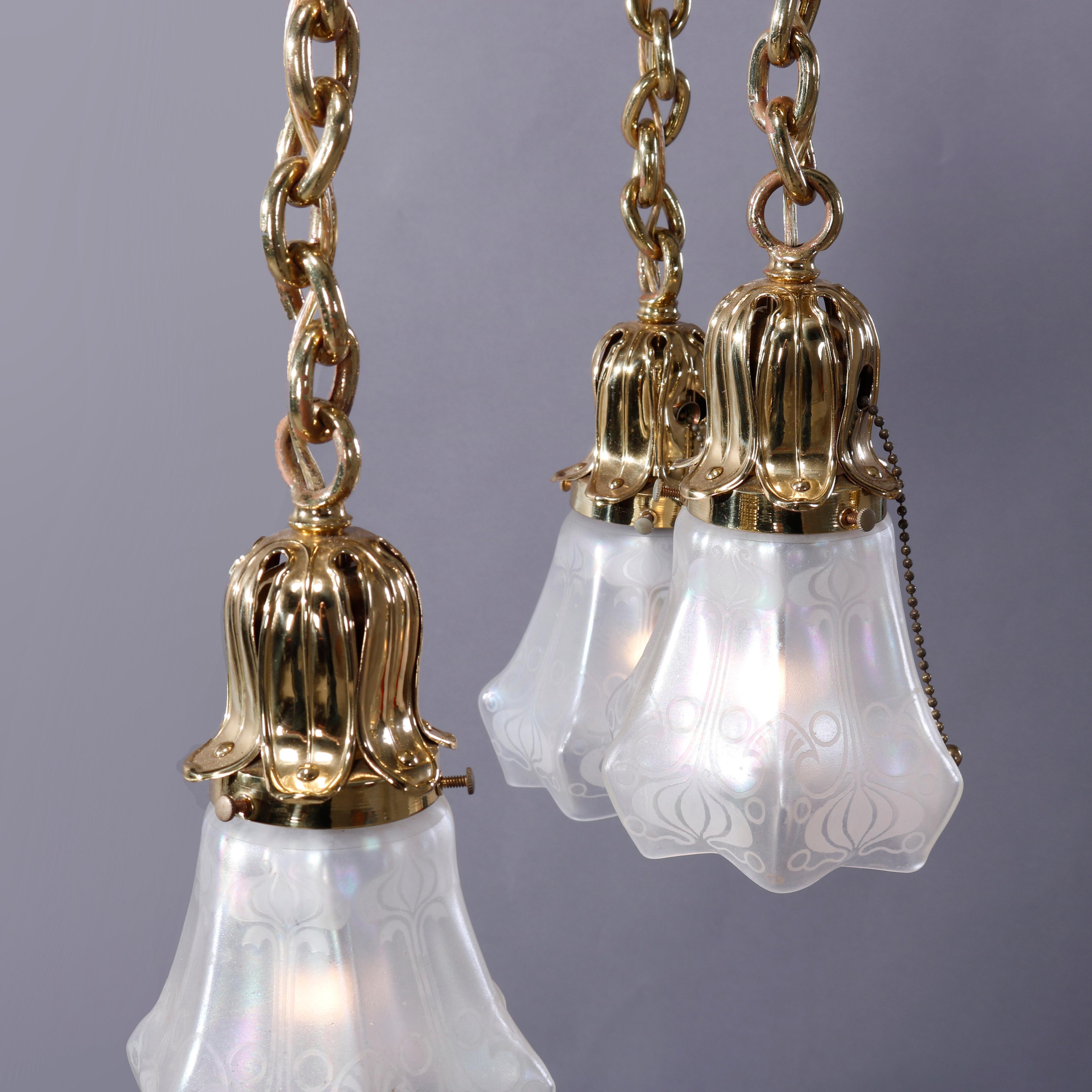 American Antique Arts & Crafts Brass & Glass Four-Light Hanging Fixture, Circa 1920