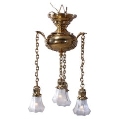 Vintage Arts 
Crafts Brass 
Glass Four-Light Hanging Fixture, Circa 1920