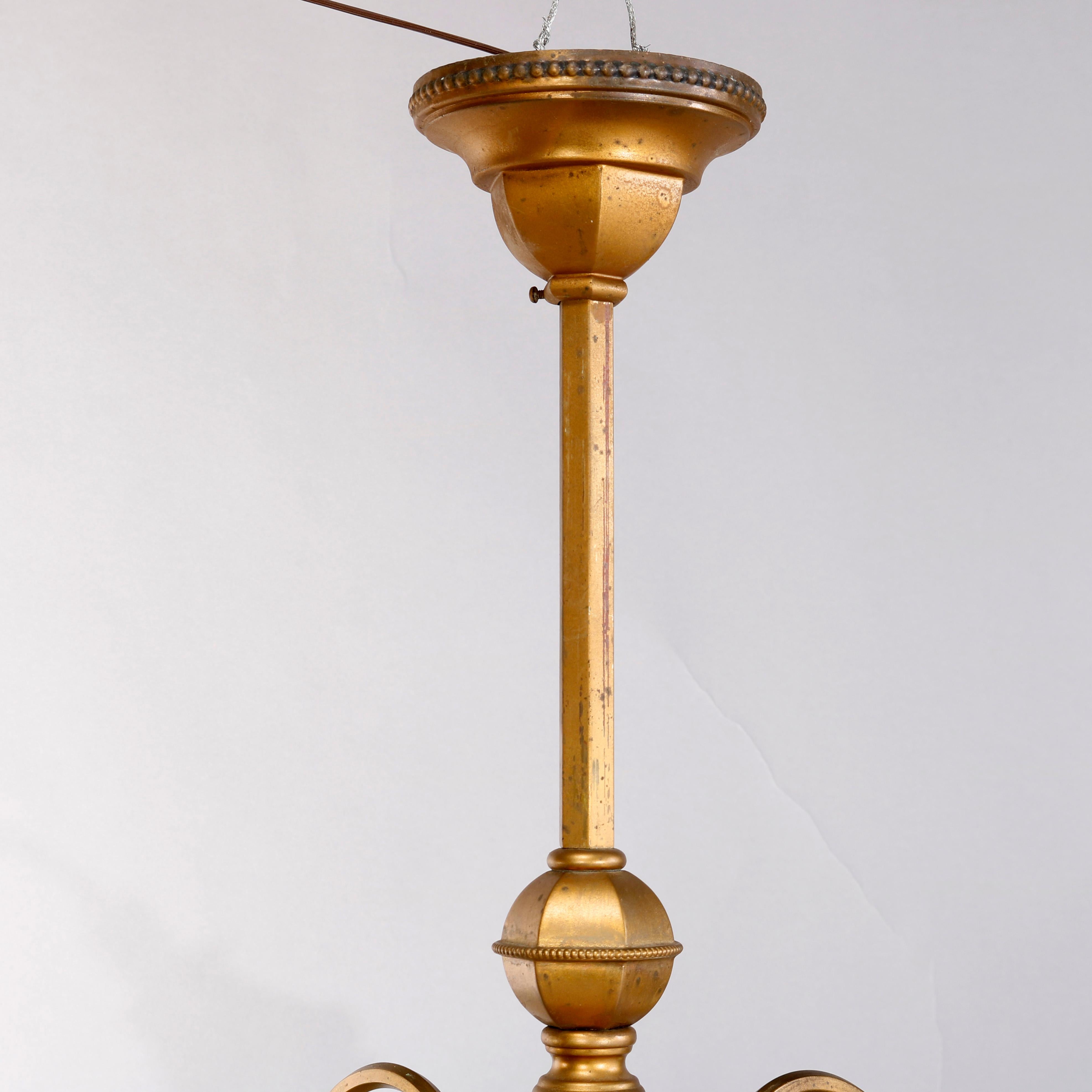Antique Arts & Crafts Brass Hanging Four Light Chandelier, circa 1920 5