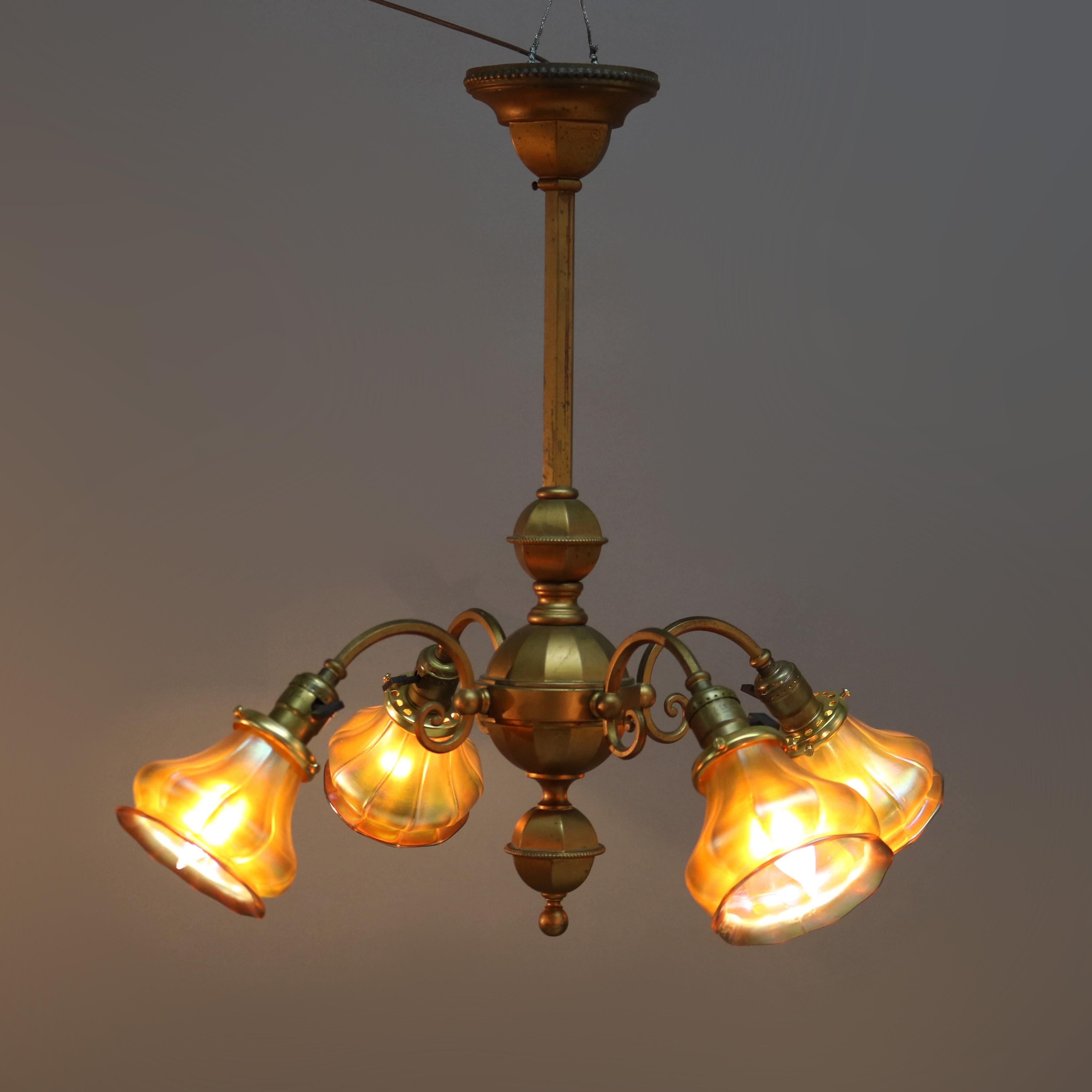 Antique Arts & Crafts Brass Hanging Four Light Chandelier, circa 1920 In Good Condition In Big Flats, NY