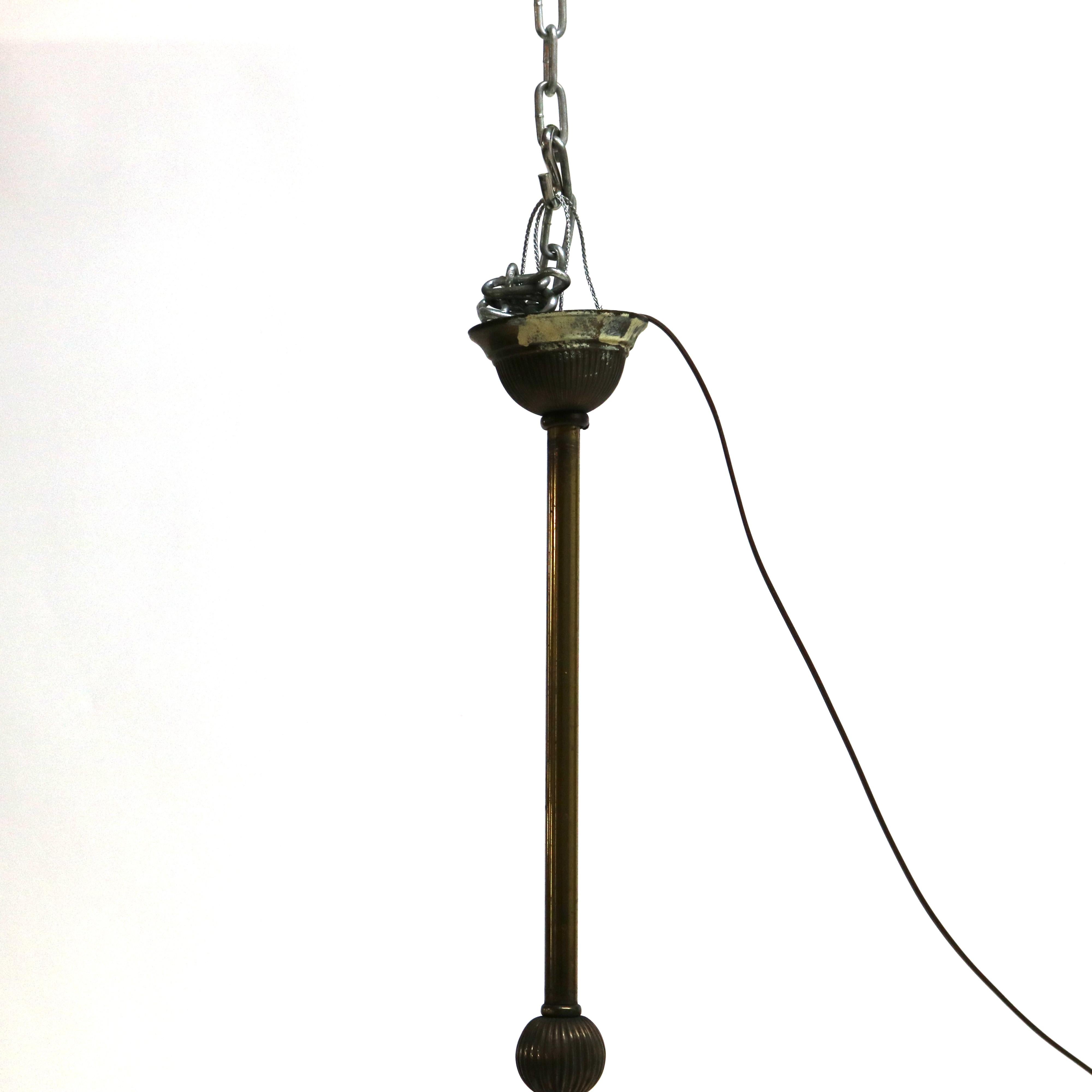 Antique Arts & Crafts Brass & Opalescent Glass Three-Light Hanging Fixture c1920 For Sale 4