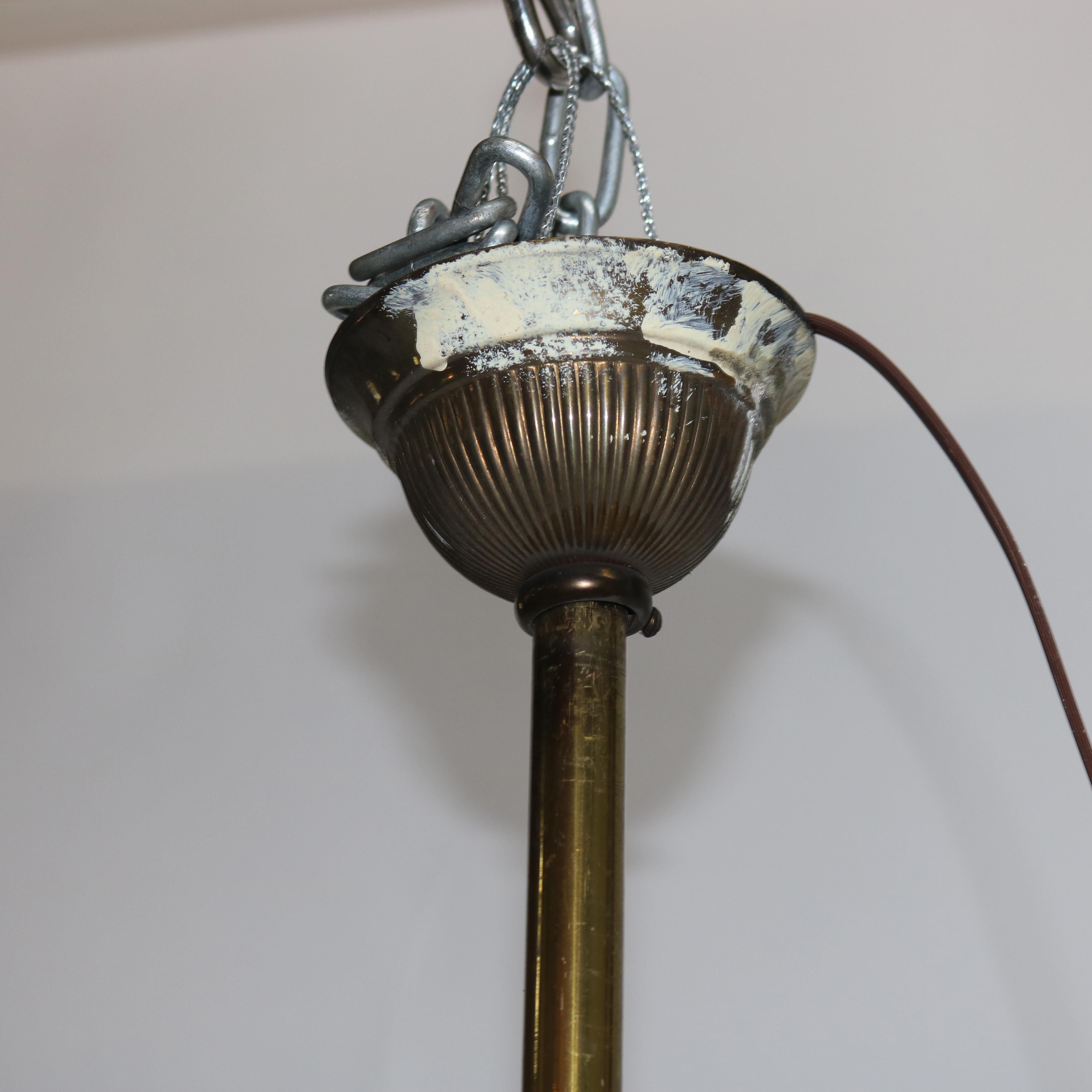 Antique Arts & Crafts Brass & Opalescent Glass Three-Light Hanging Fixture c1920 For Sale 5