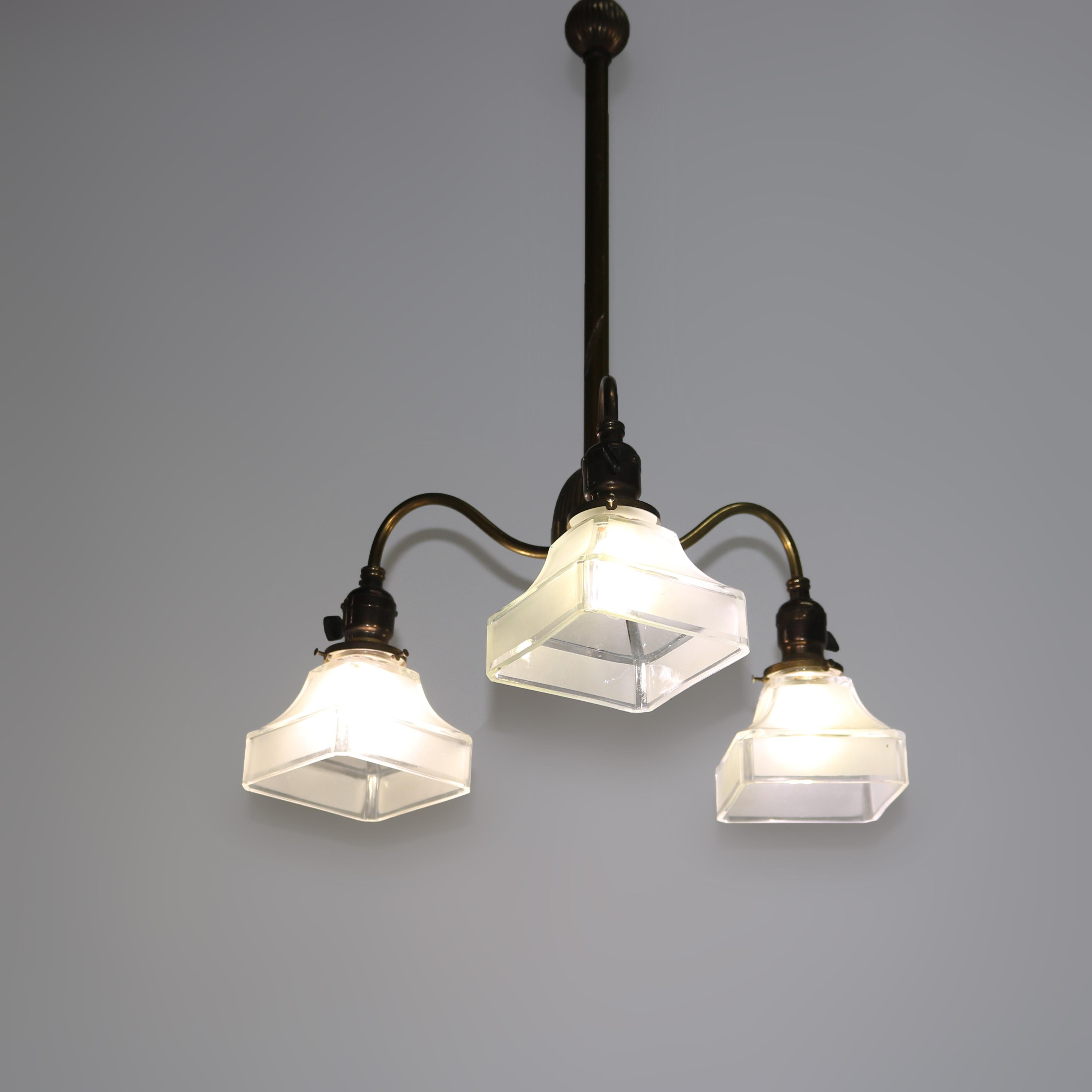***Reduced Delivery Rates - See Below or Click “Ask The Seller” to Request a Quote***

Antique Arts & Crafts Brass & Opalescent Glass Three-Light Hanging Fixture c1920

Measures - 40 1/2