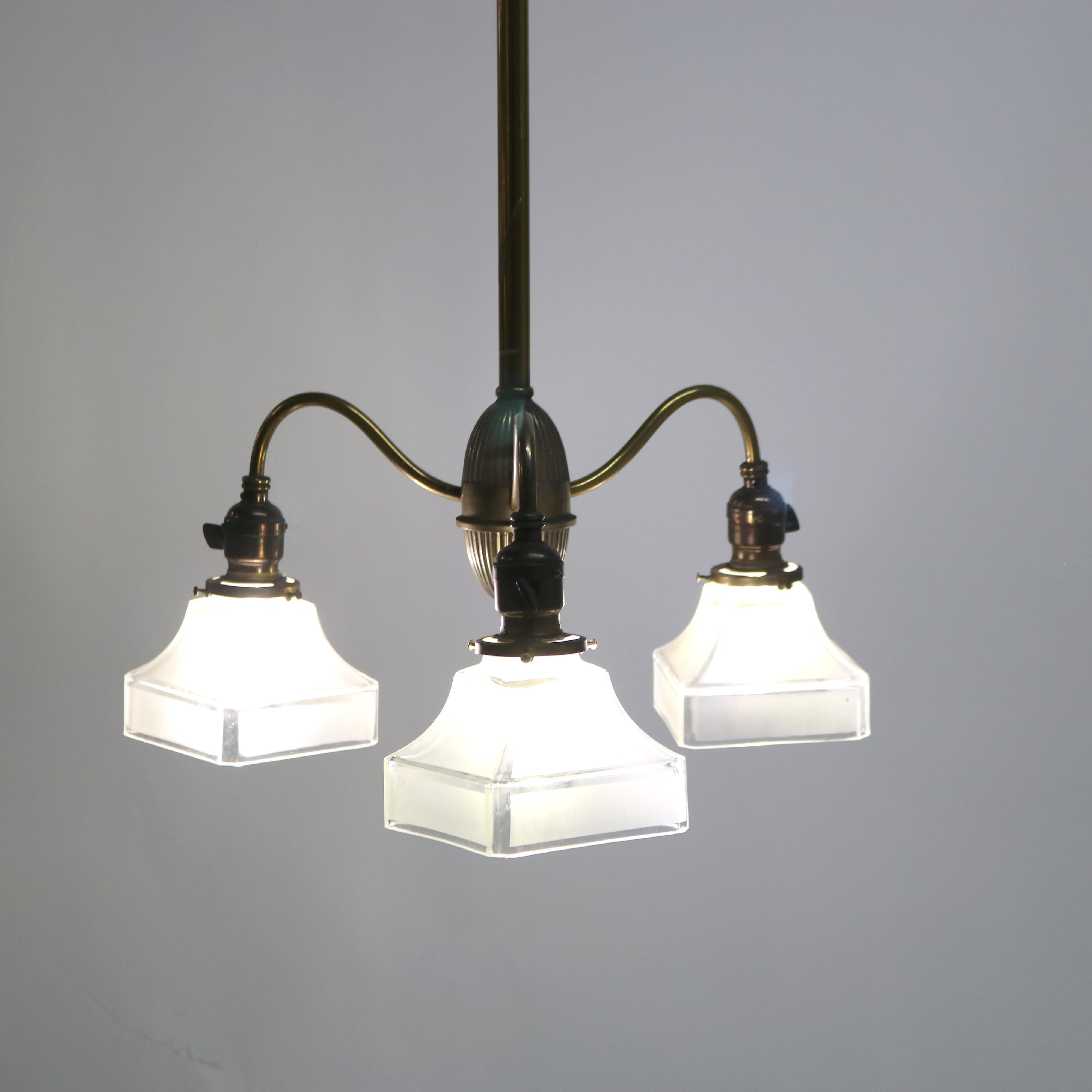 Arts and Crafts Antique Arts & Crafts Brass & Opalescent Glass Three-Light Hanging Fixture c1920 For Sale