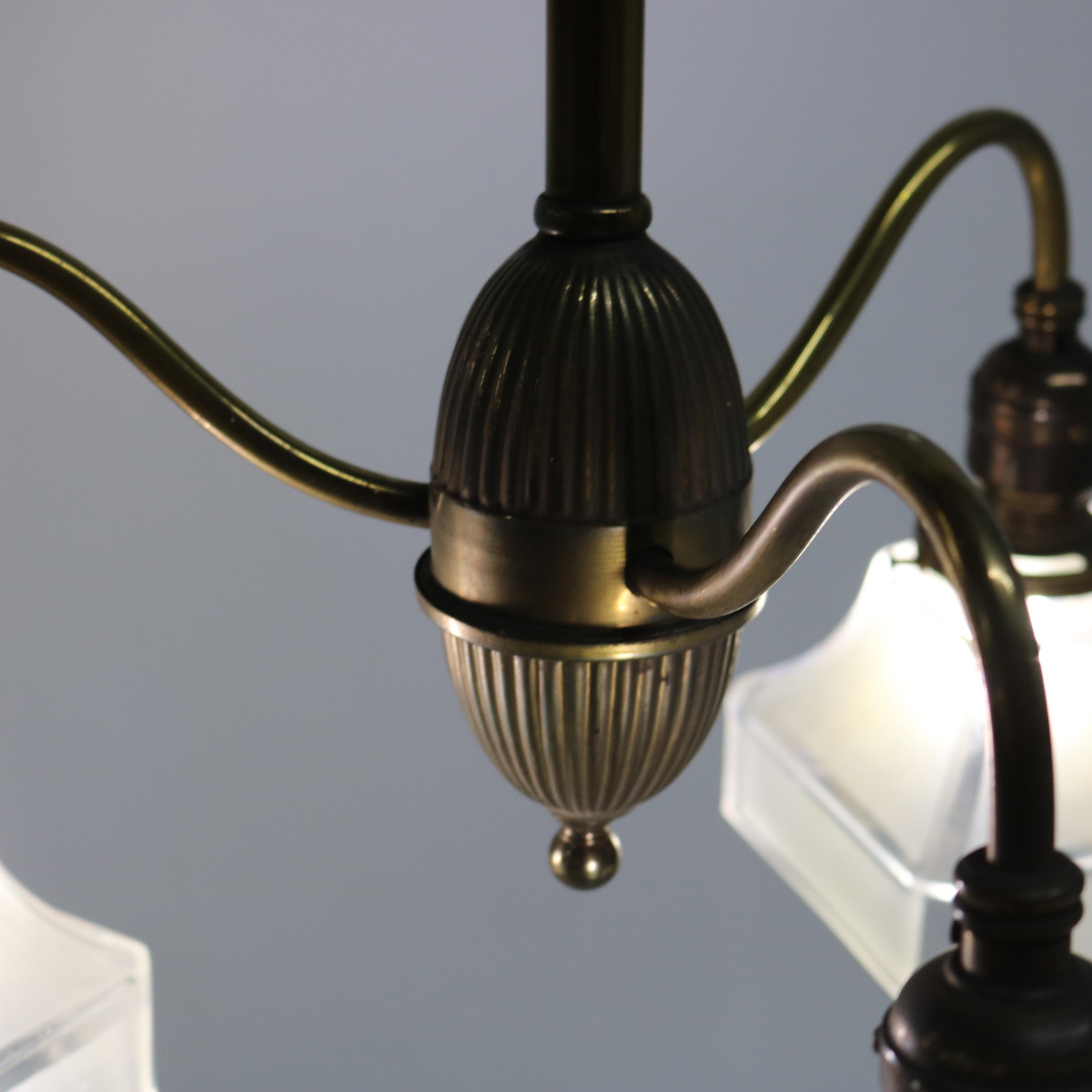 American Antique Arts & Crafts Brass & Opalescent Glass Three-Light Hanging Fixture c1920 For Sale