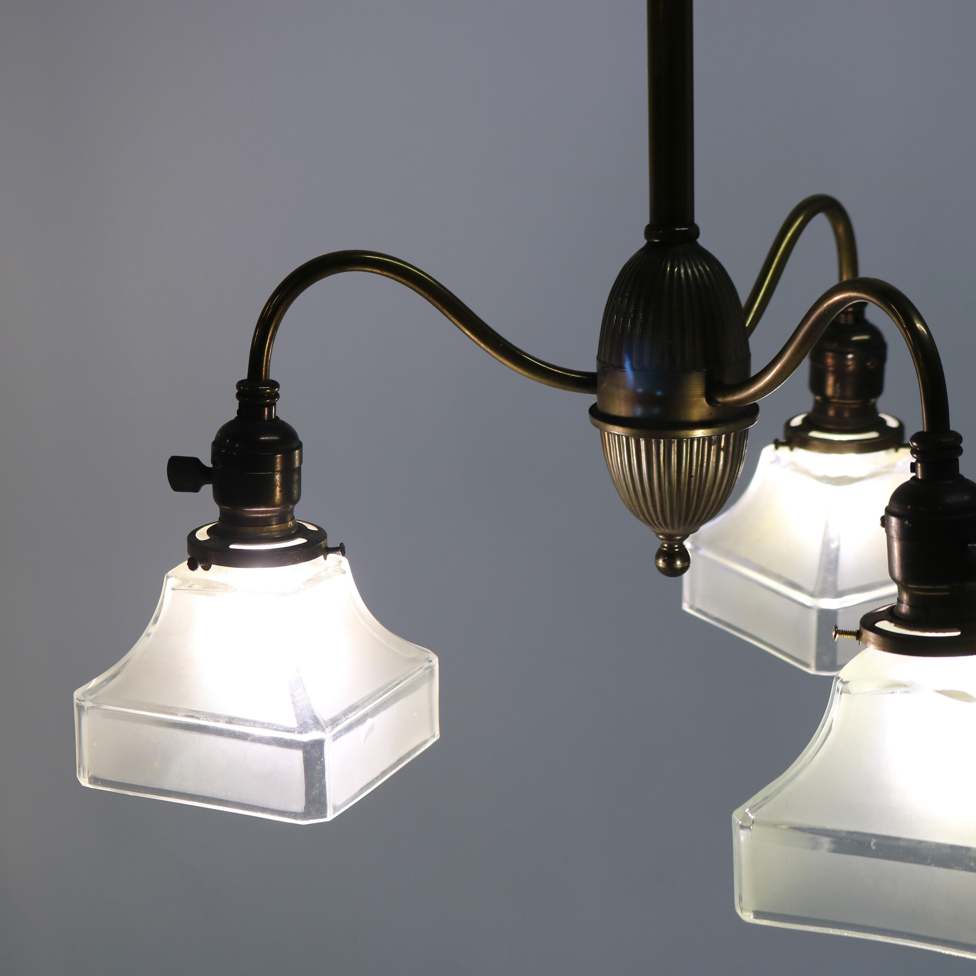 Antique Arts & Crafts Brass & Opalescent Glass Three-Light Hanging Fixture c1920 In Good Condition For Sale In Big Flats, NY