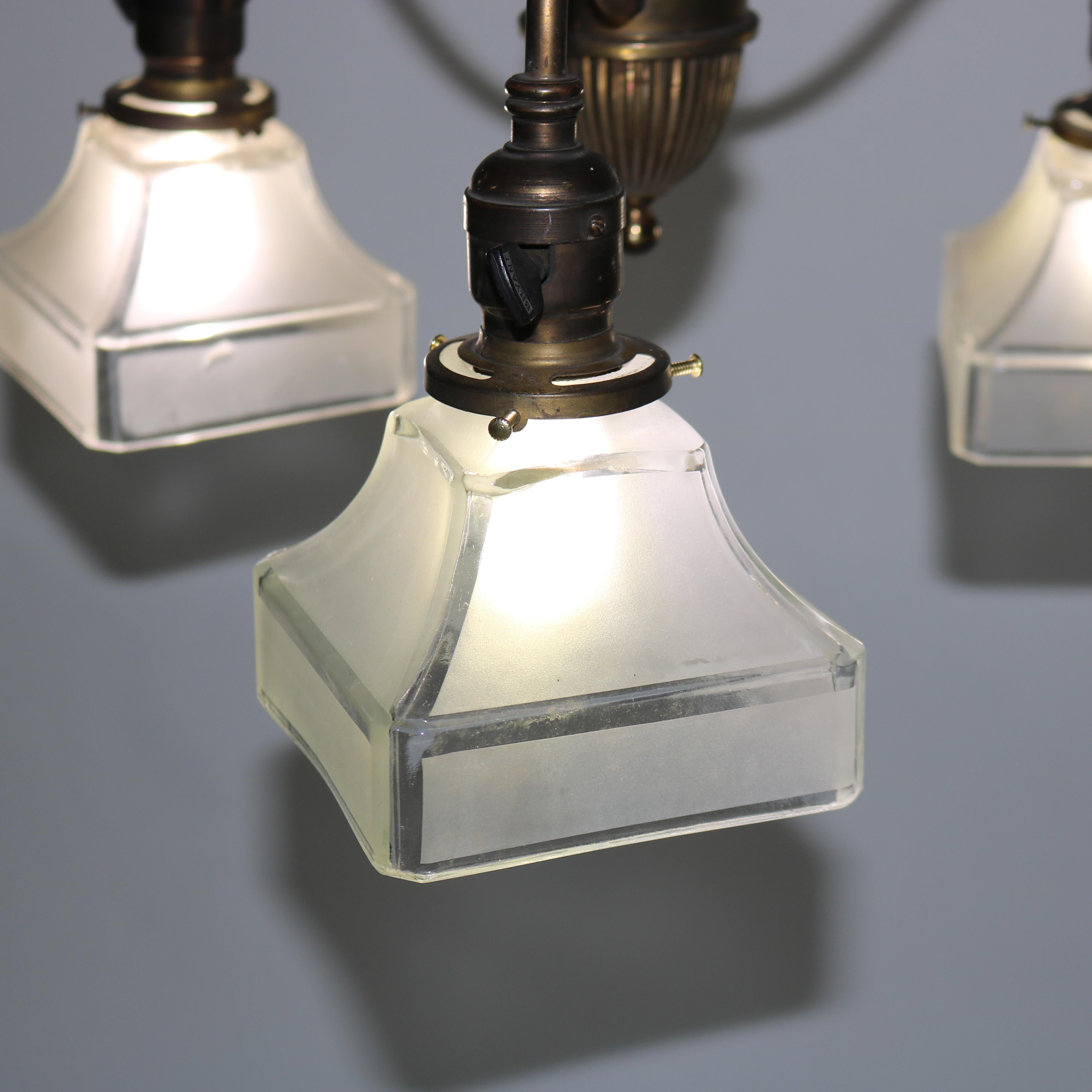 20th Century Antique Arts & Crafts Brass & Opalescent Glass Three-Light Hanging Fixture c1920 For Sale