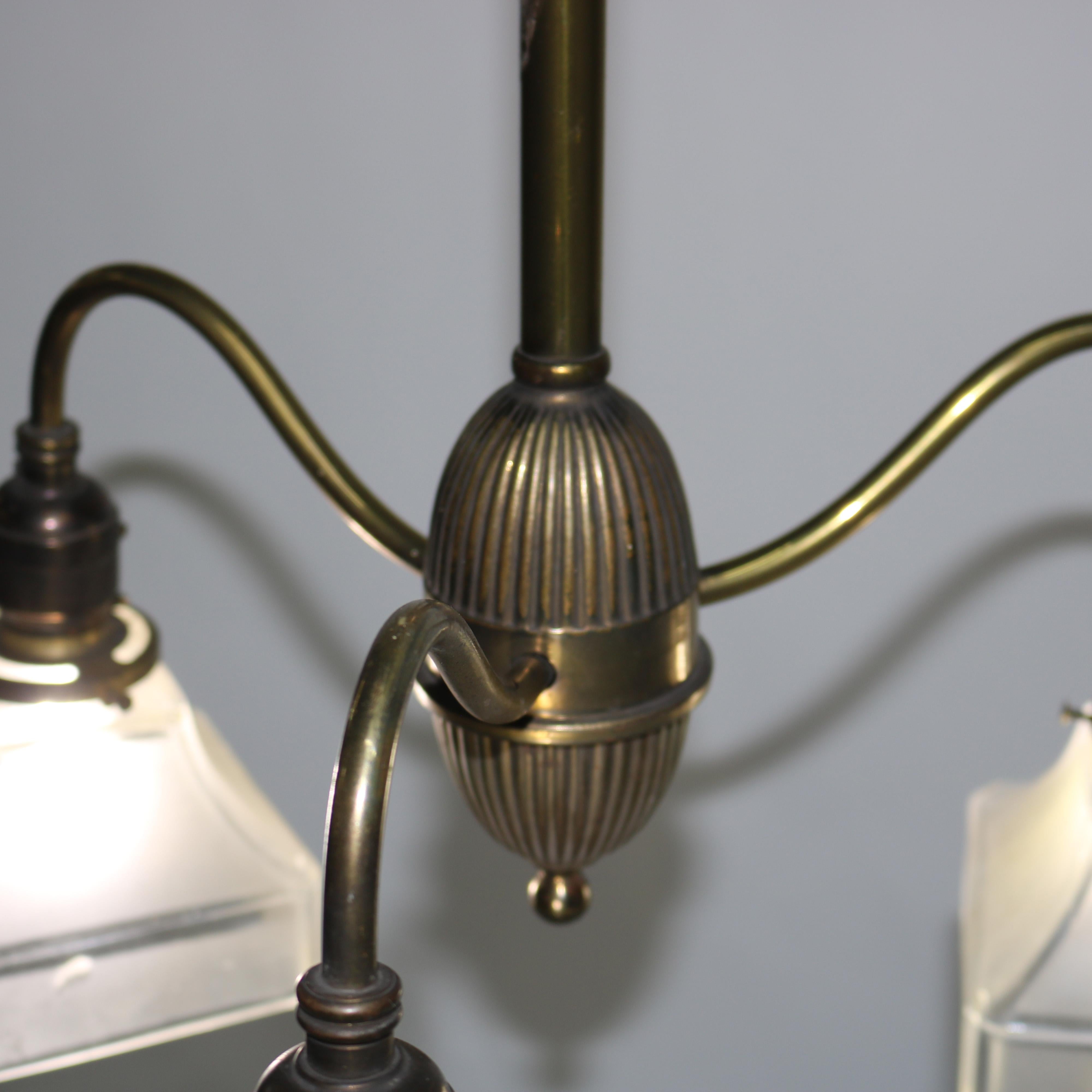 Antique Arts & Crafts Brass & Opalescent Glass Three-Light Hanging Fixture c1920 For Sale 1