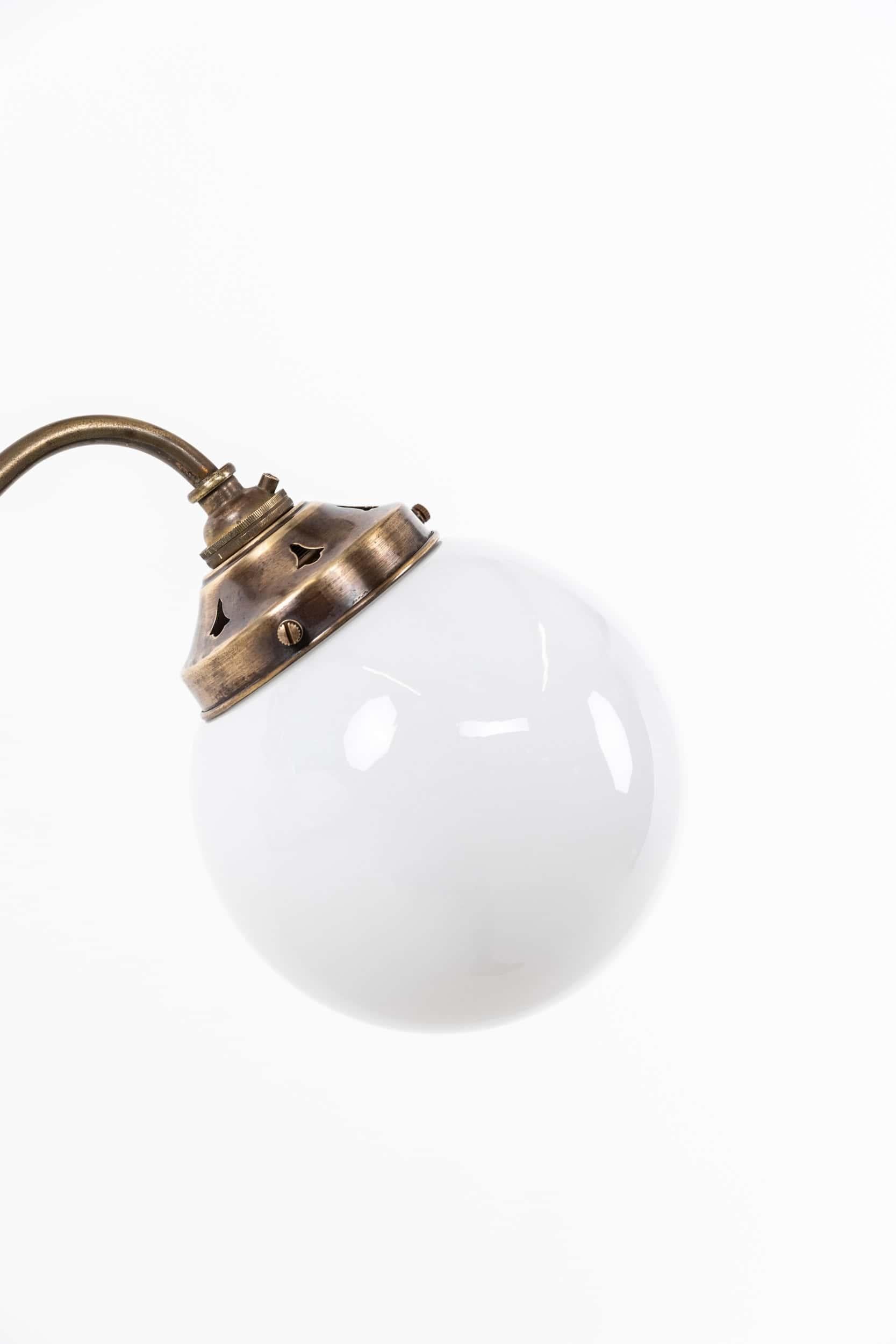 English Antique Arts & Crafts Brass Opaline Glass Ceiling Pendant Light Lamp, C.1930 For Sale