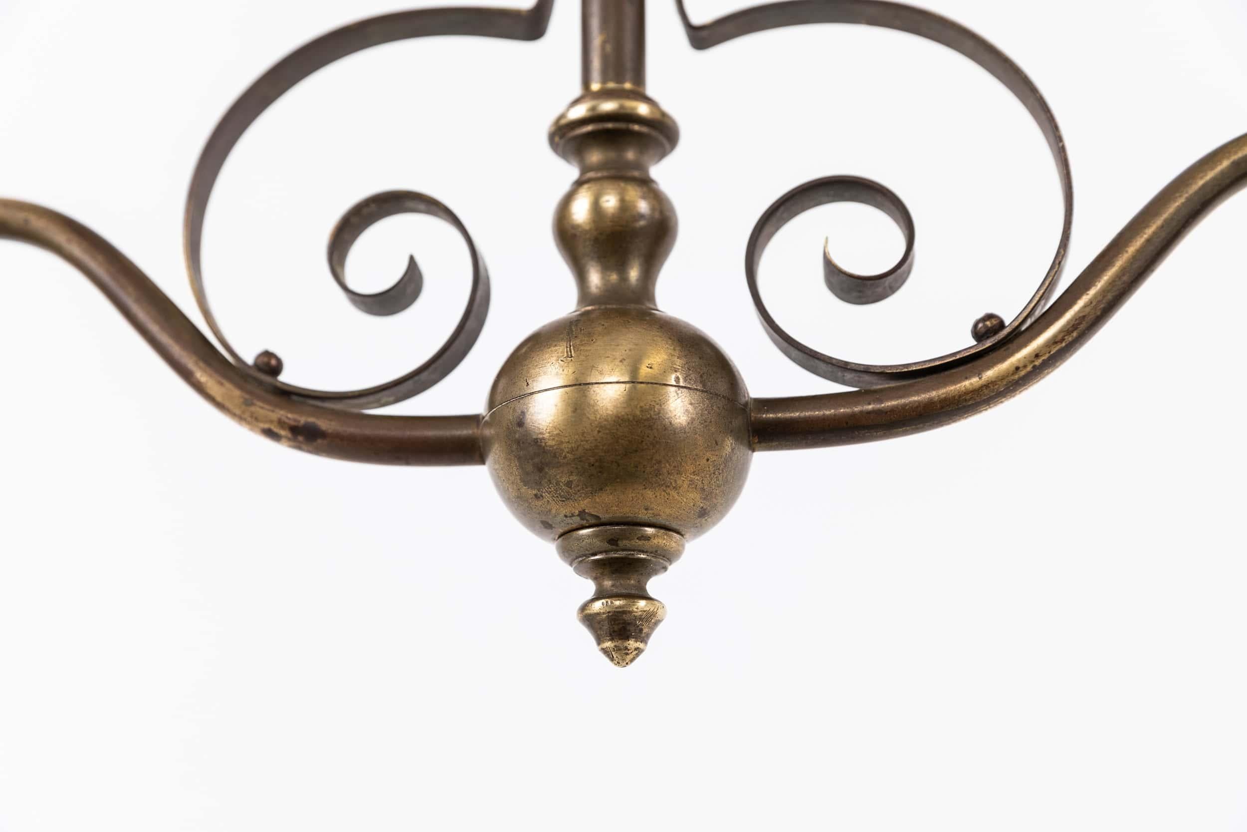 20th Century Antique Arts & Crafts Brass Opaline Glass Ceiling Pendant Light Lamp, C.1930 For Sale