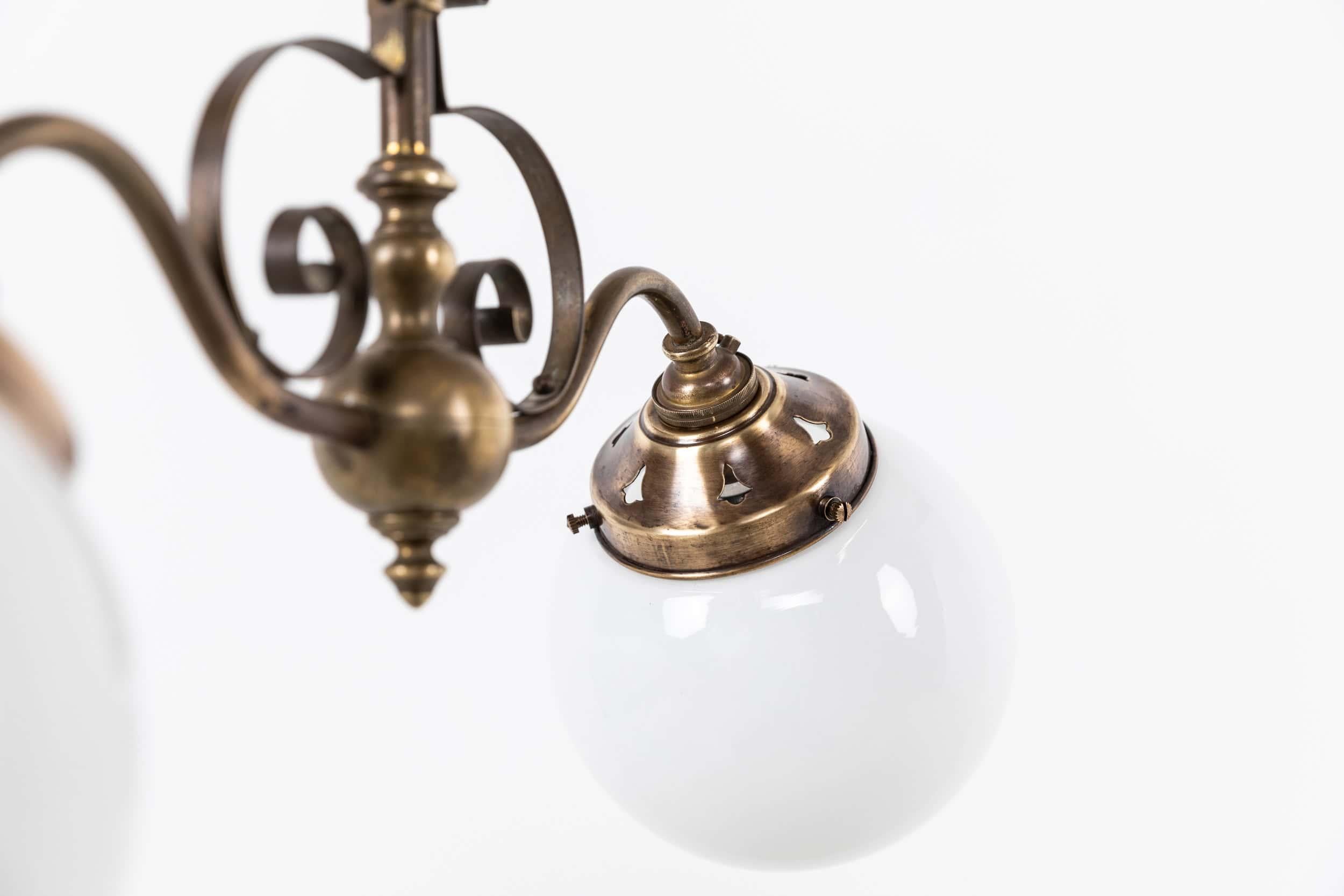 Antique Arts & Crafts Brass Opaline Glass Ceiling Pendant Light Lamp, C.1930 For Sale 1