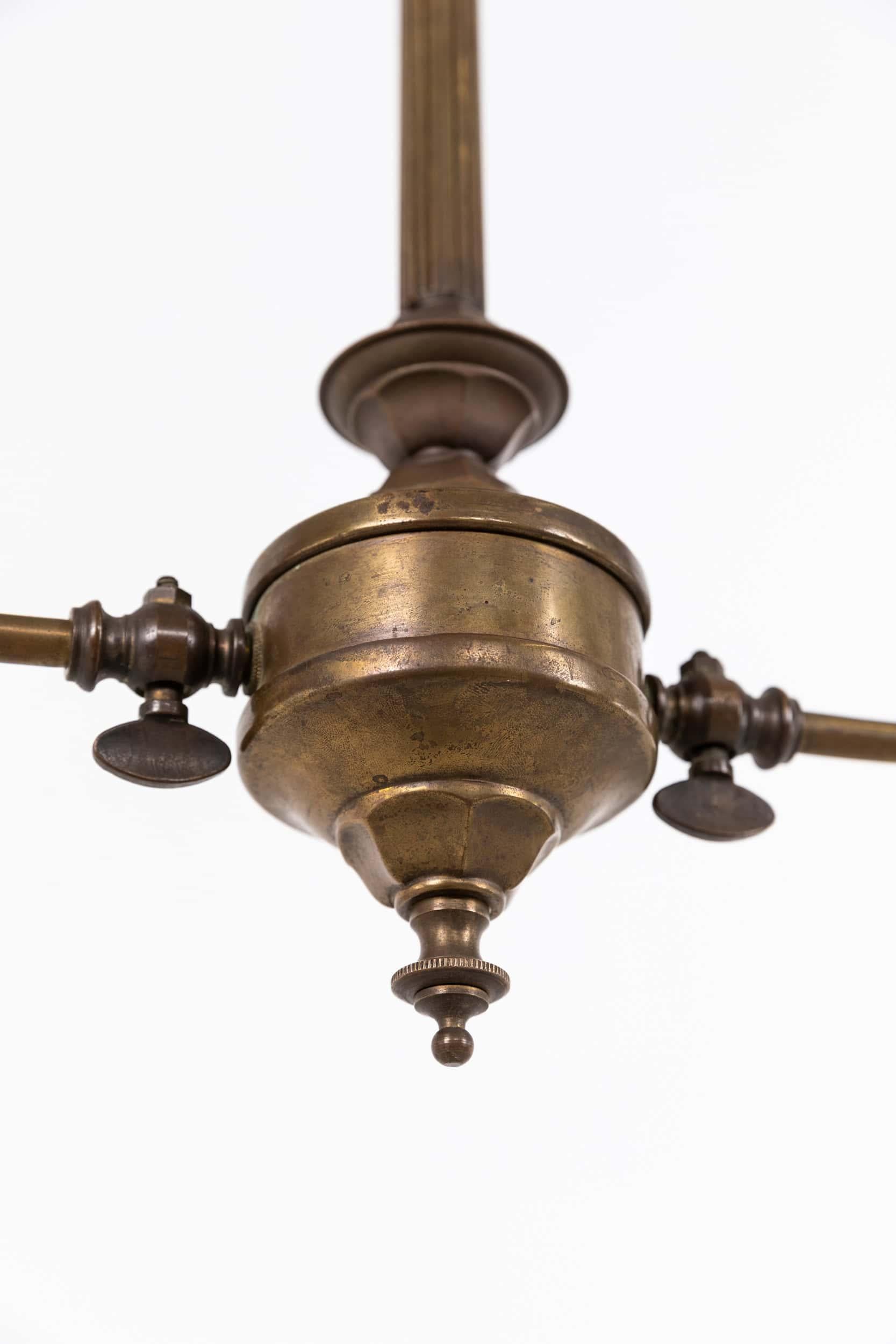 Antique Arts & Crafts Brass Prismatic Glass Ceiling Pendant Light Lamp, C.1920 In Good Condition For Sale In London, GB