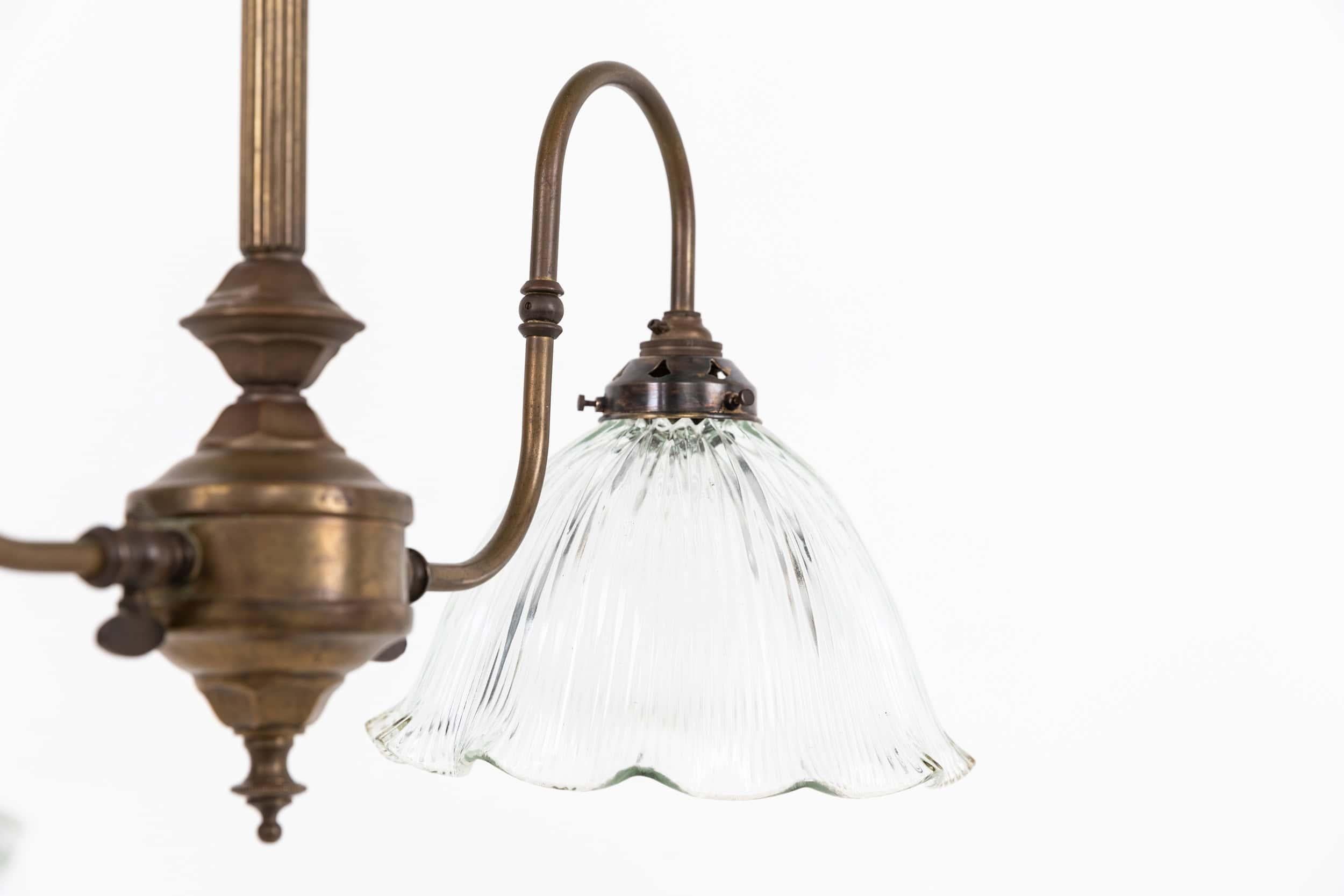 Antique Arts & Crafts Brass Prismatic Glass Ceiling Pendant Light Lamp, C.1920 For Sale 1