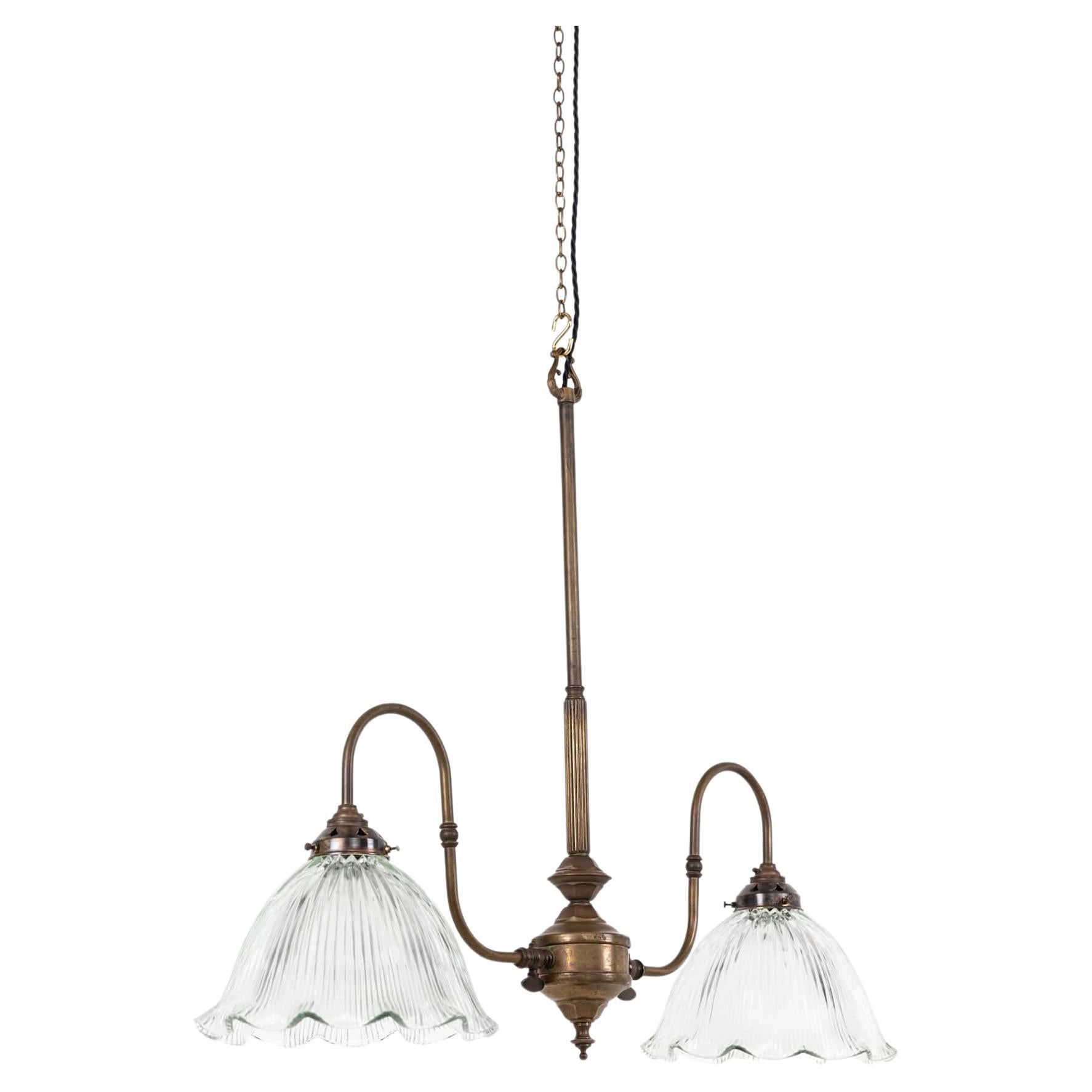 Antique Arts & Crafts Brass Prismatic Glass Ceiling Pendant Light Lamp, C.1920