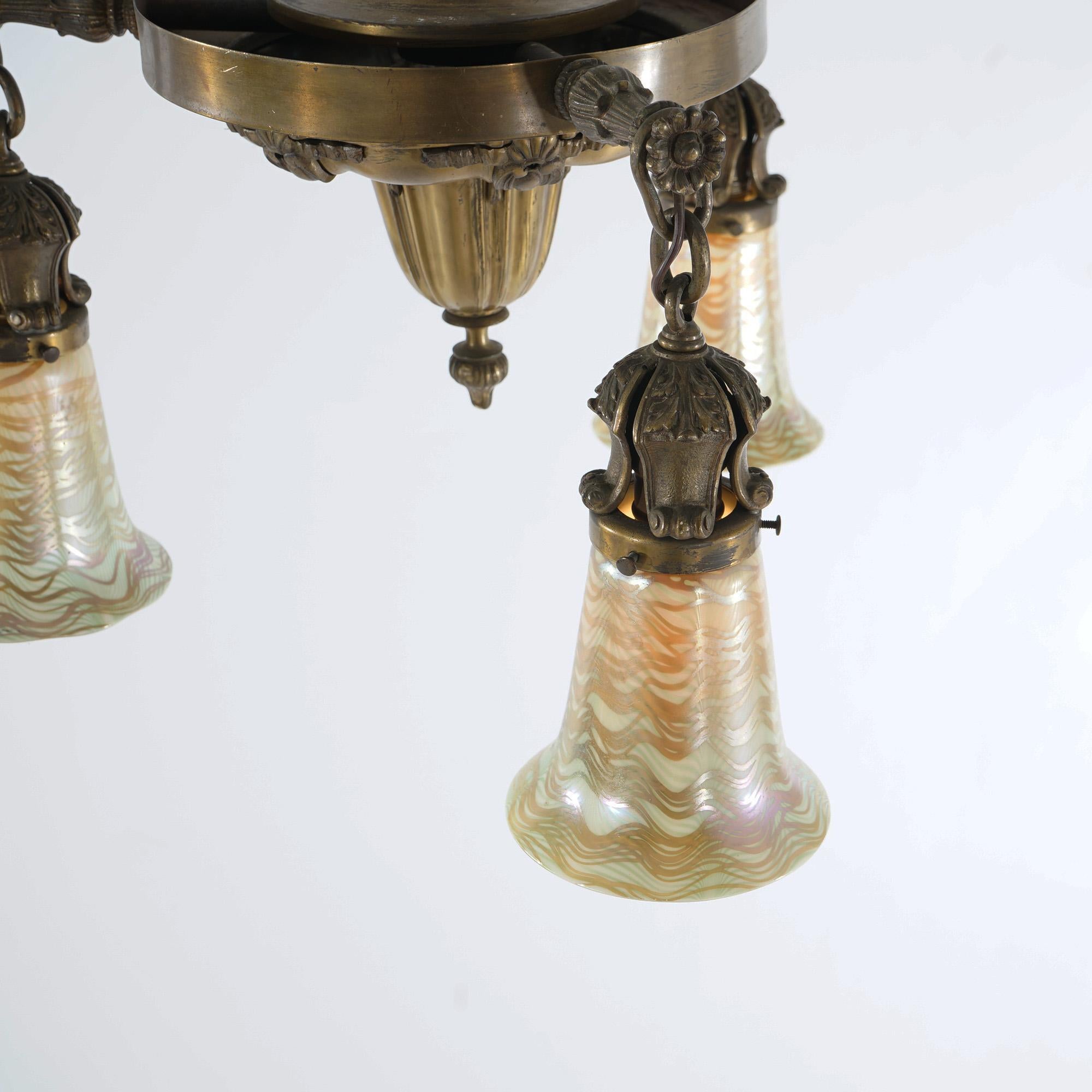 Antique Arts & Crafts Brass & Quezal Art Glass Three Light Hanging Fixture  4