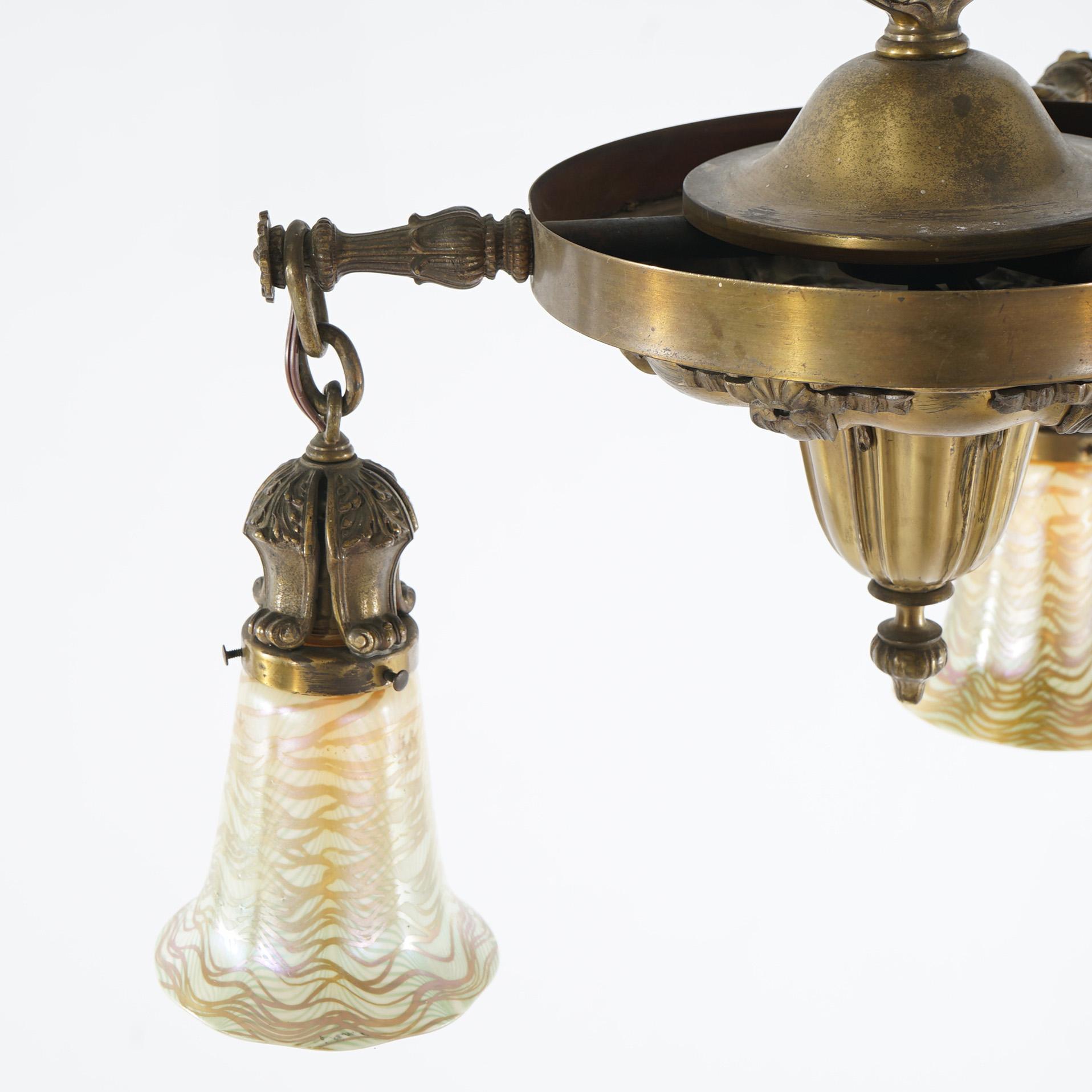 Antique Arts & Crafts Brass & Quezal Art Glass Three Light Hanging Fixture  5