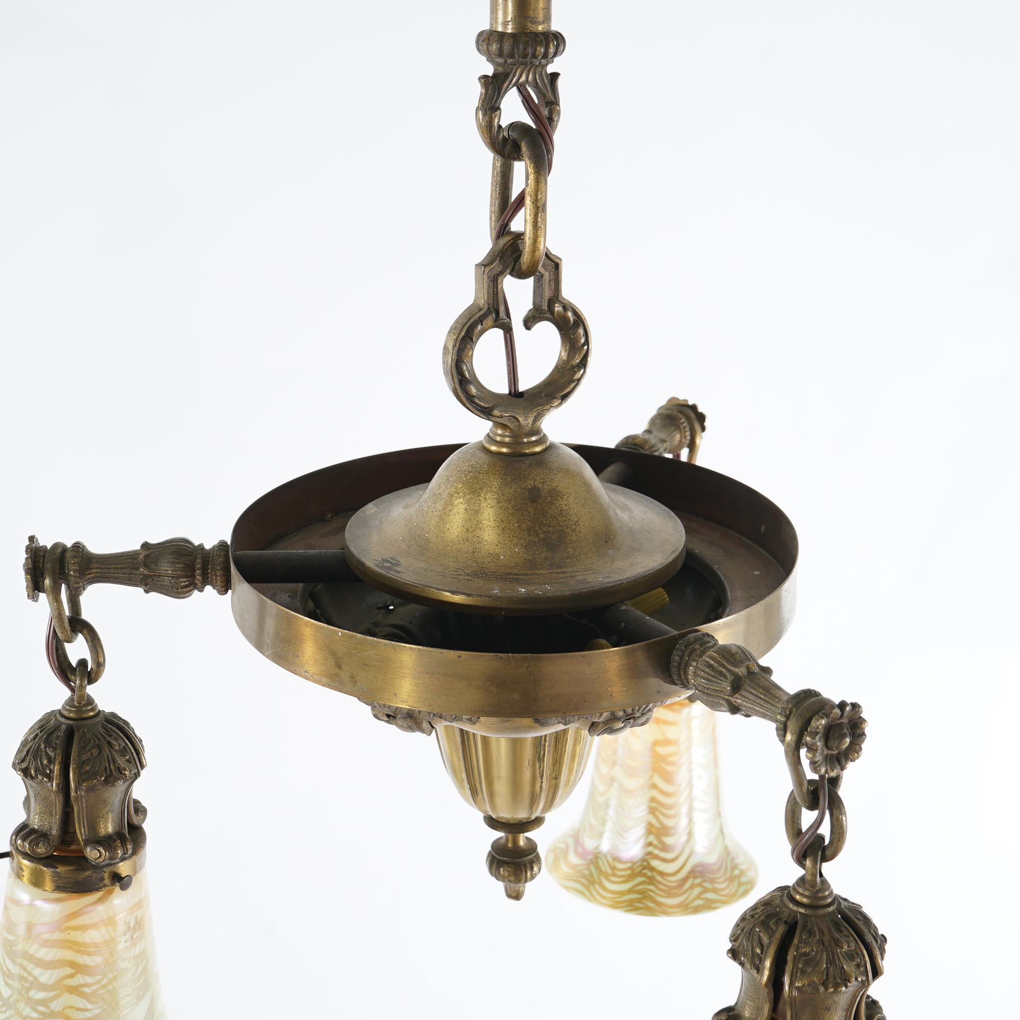 Antique Arts & Crafts Brass & Quezal Art Glass Three Light Hanging Fixture  6