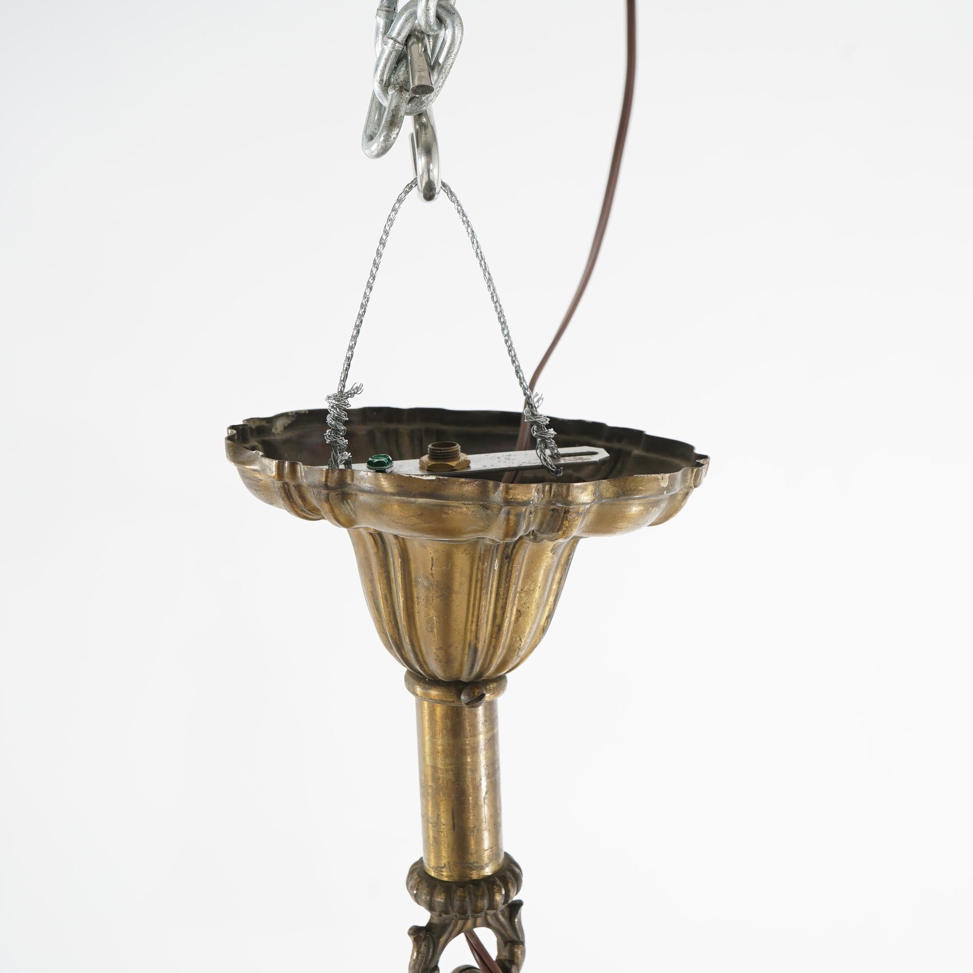 Antique Arts & Crafts Brass & Quezal Art Glass Three Light Hanging Fixture  7