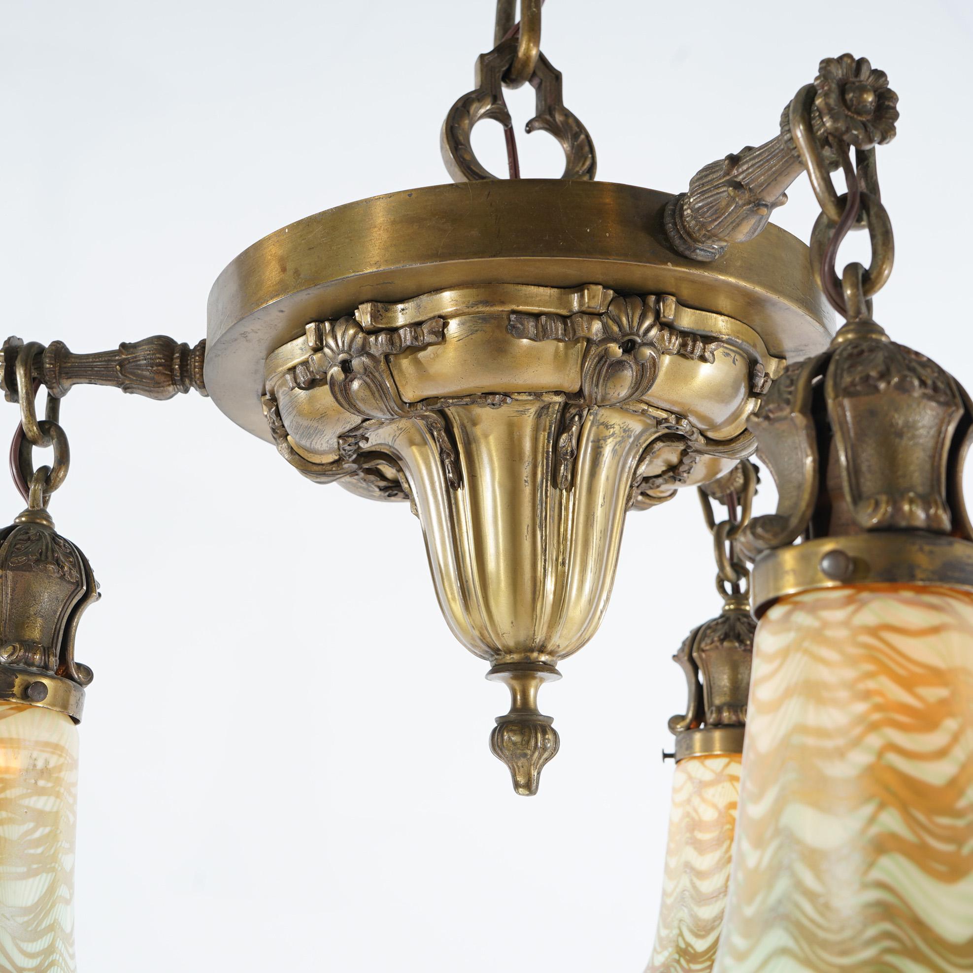 Antique Arts & Crafts Brass & Quezal Art Glass Three Light Hanging Fixture  8