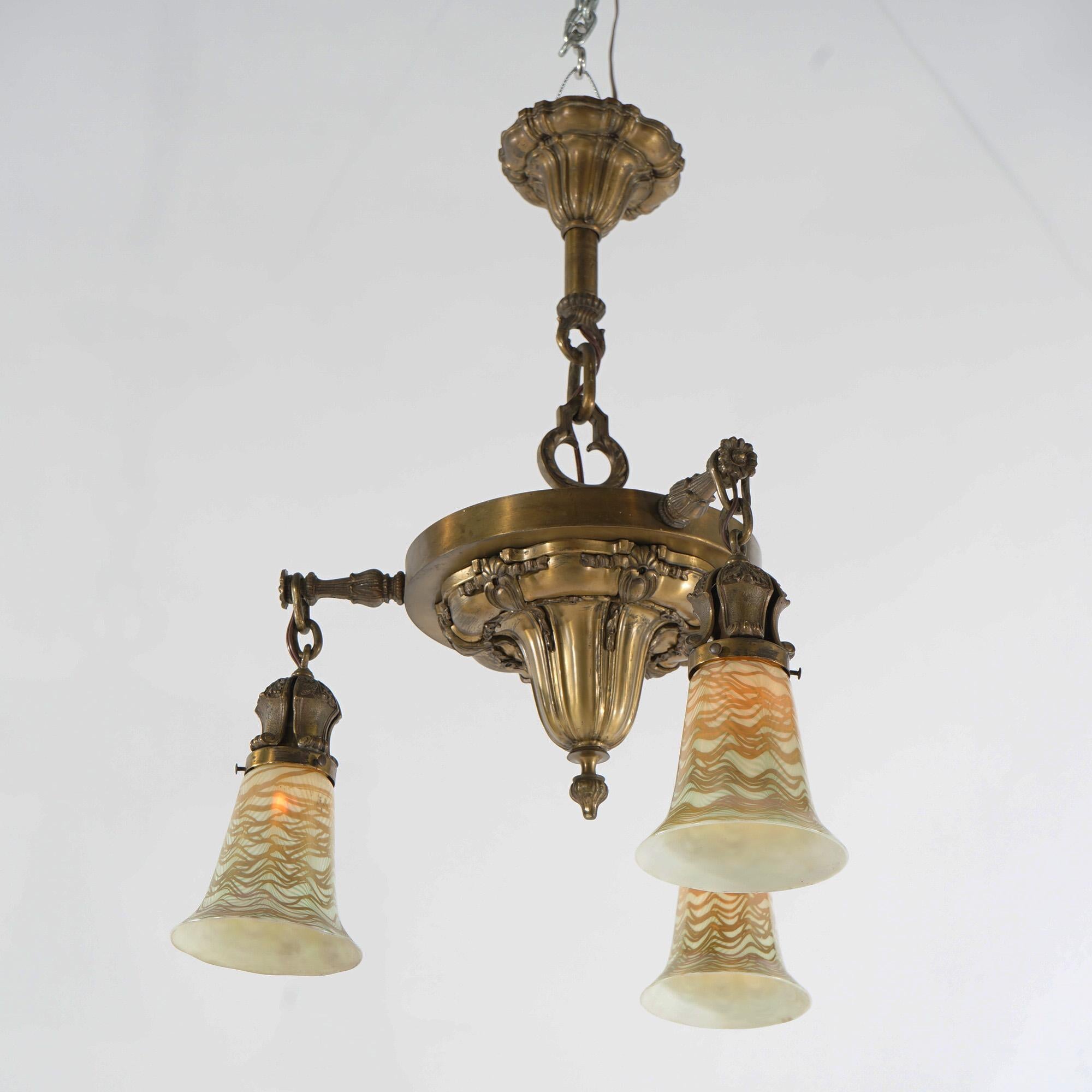 American Antique Arts & Crafts Brass & Quezal Art Glass Three Light Hanging Fixture 