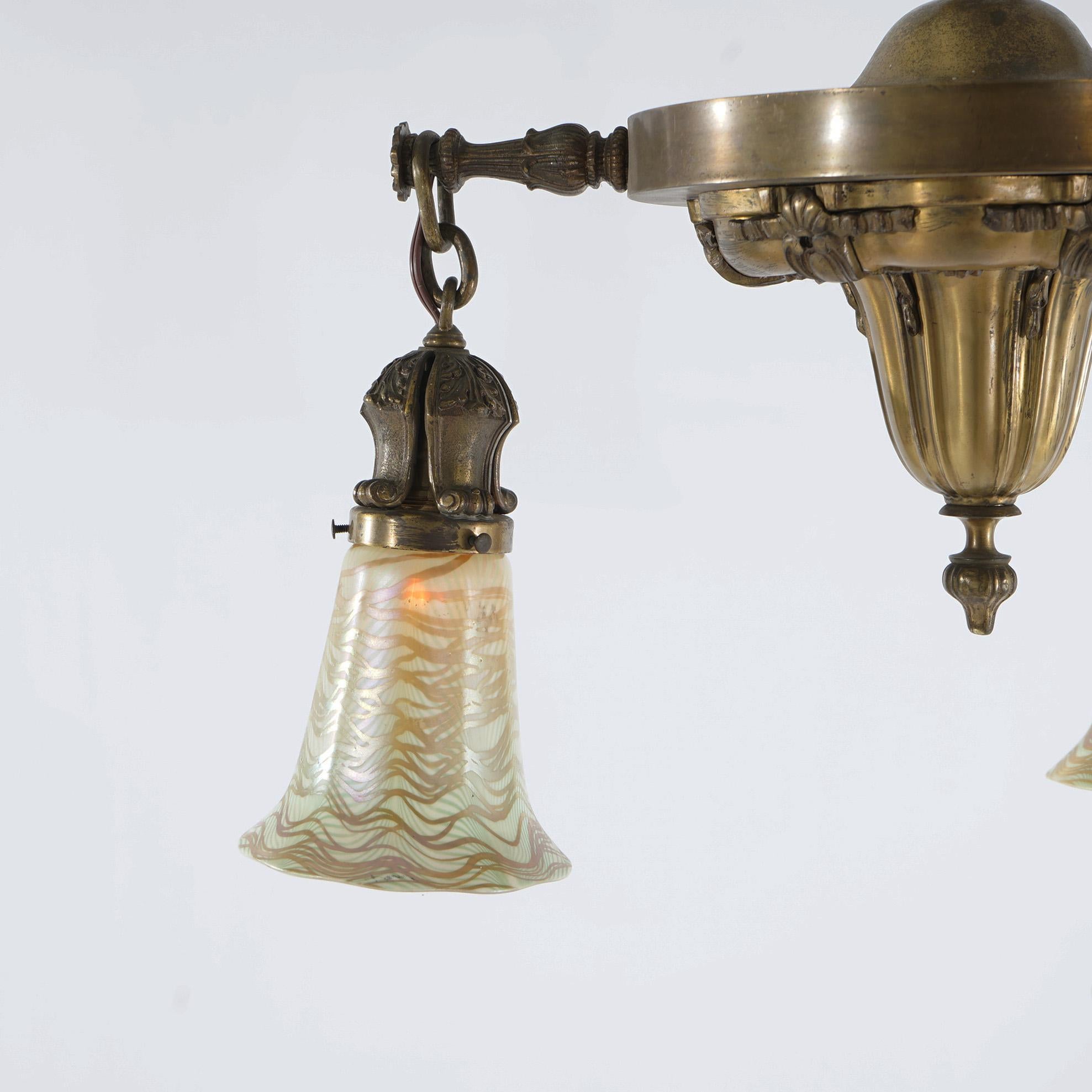 Antique Arts & Crafts Brass & Quezal Art Glass Three Light Hanging Fixture  In Good Condition In Big Flats, NY