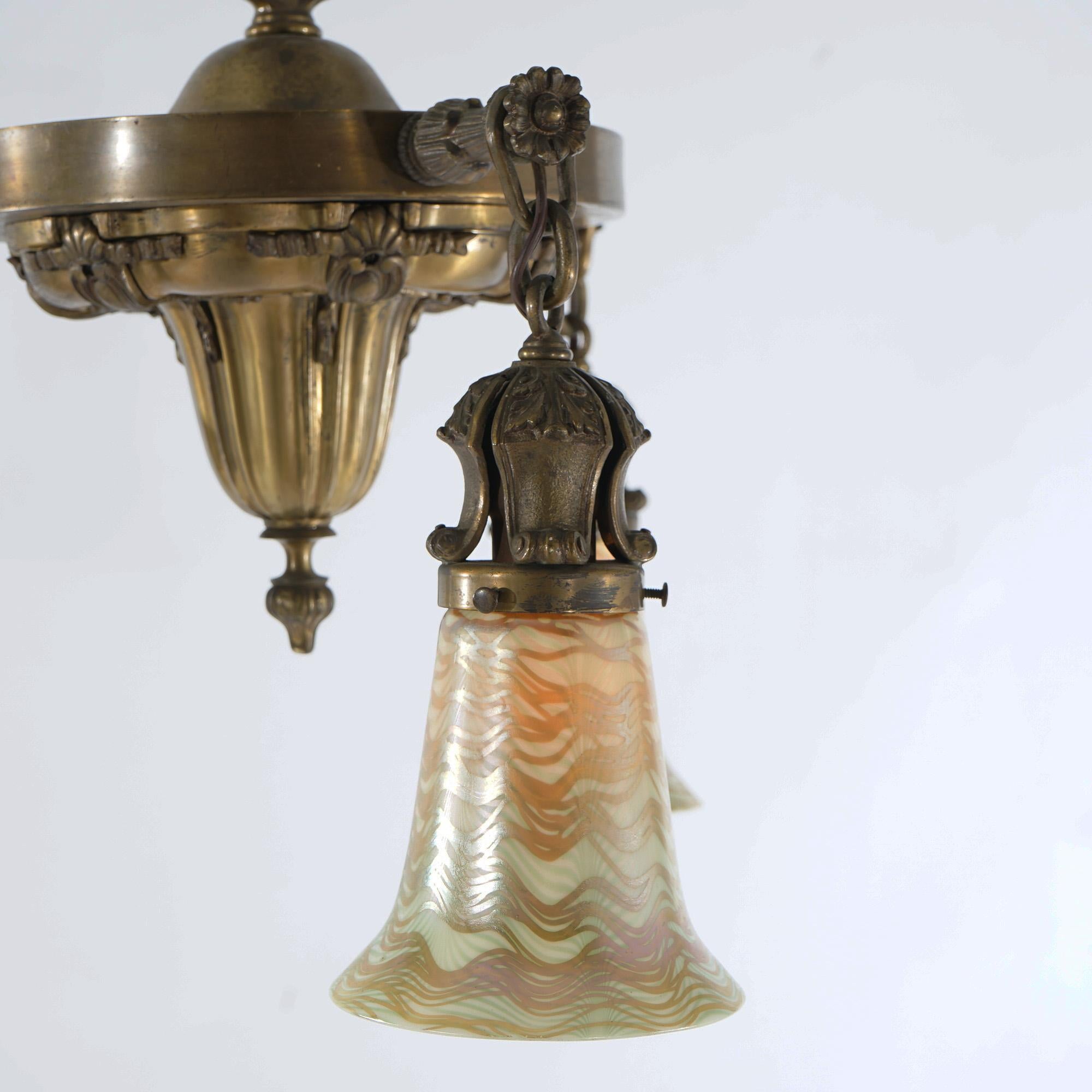 20th Century Antique Arts & Crafts Brass & Quezal Art Glass Three Light Hanging Fixture 
