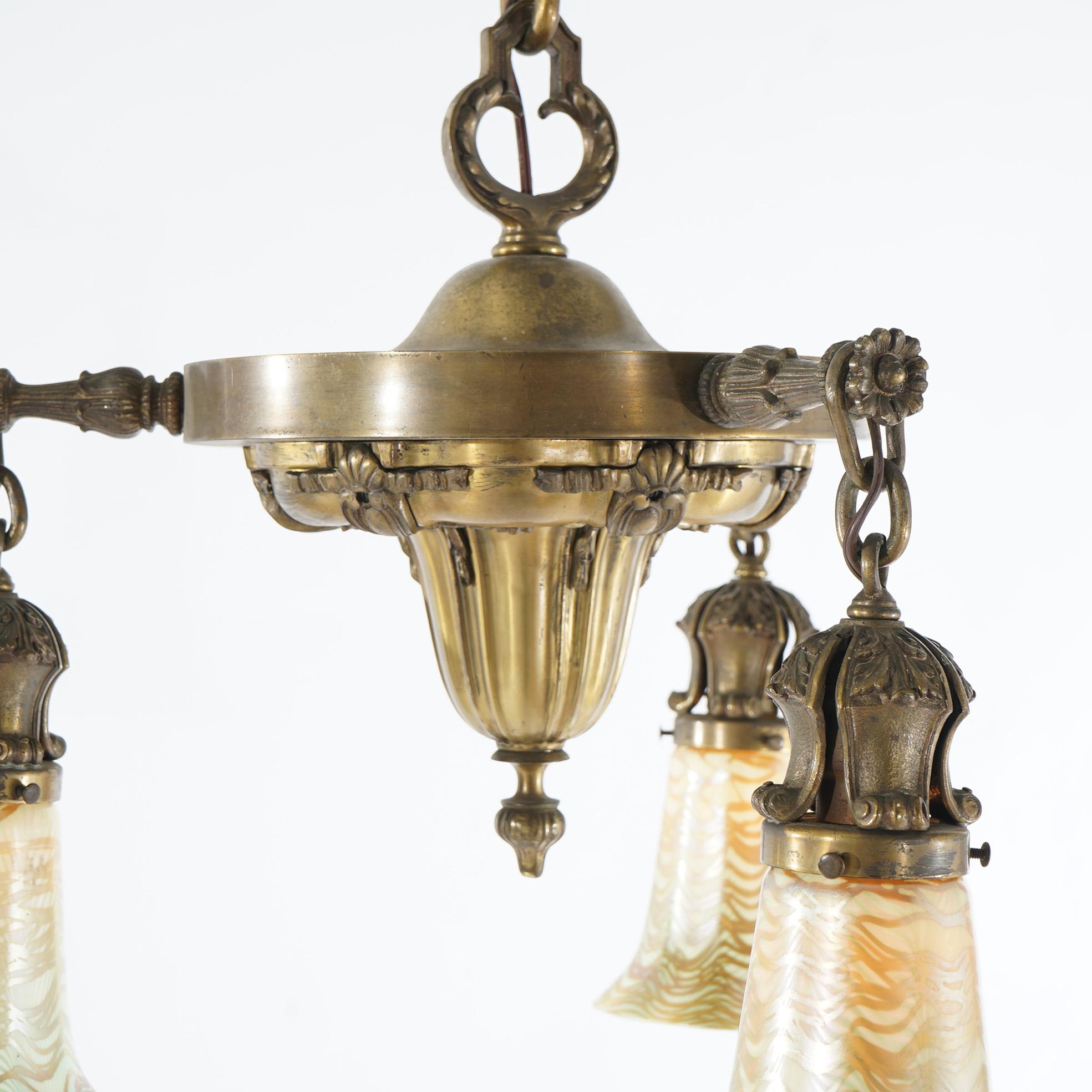 Antique Arts & Crafts Brass & Quezal Art Glass Three Light Hanging Fixture  1