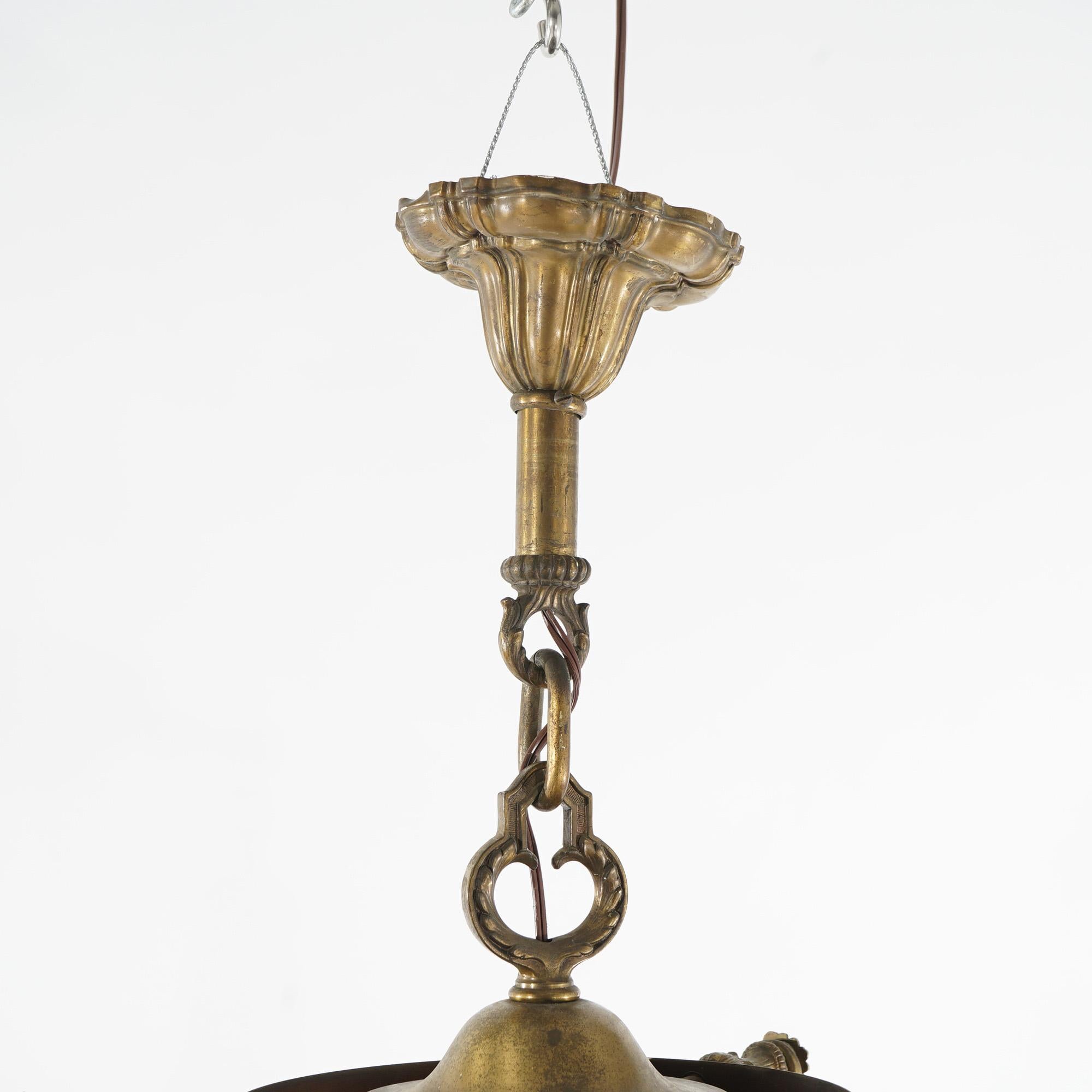 Antique Arts & Crafts Brass & Quezal Art Glass Three Light Hanging Fixture  2