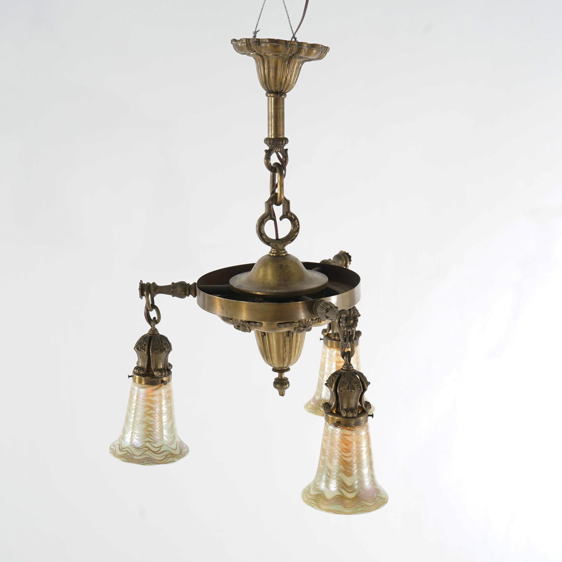 Antique Arts & Crafts Brass & Quezal Art Glass Three Light Hanging Fixture  3