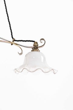Antique Arts & Crafts Brass Rise and Fall Glass Ceiling Light Lamp, c.1910