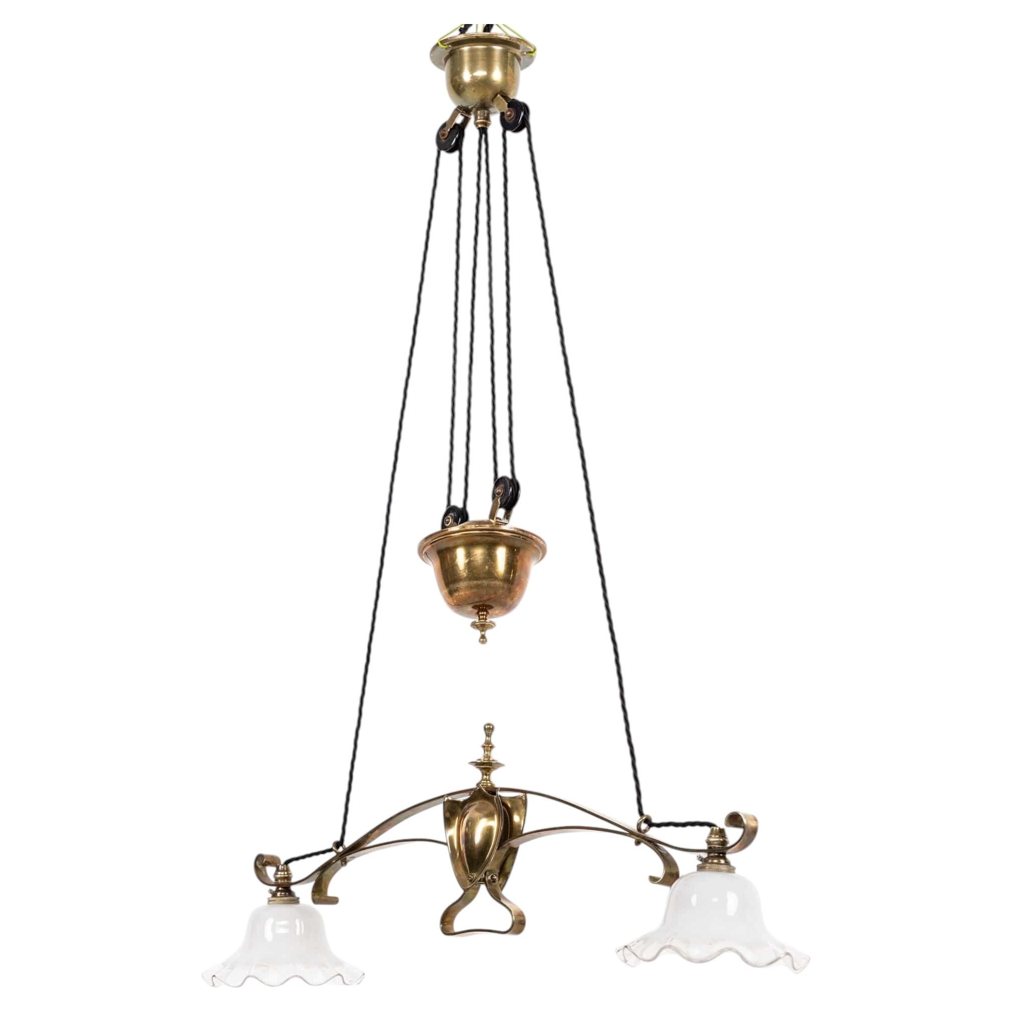 Antique Arts & Crafts Brass Rise and Fall Glass Ceiling Light Lamp, c.1910
