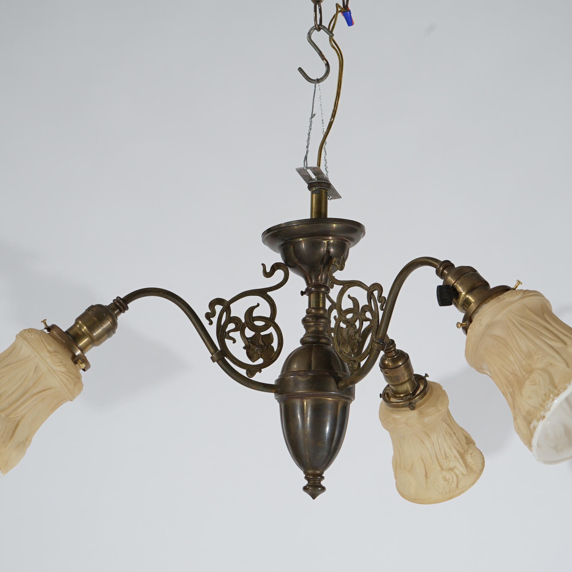 Antique Arts & Crafts Brass Three Light Hanging Fixture Circa 1920 For Sale 5