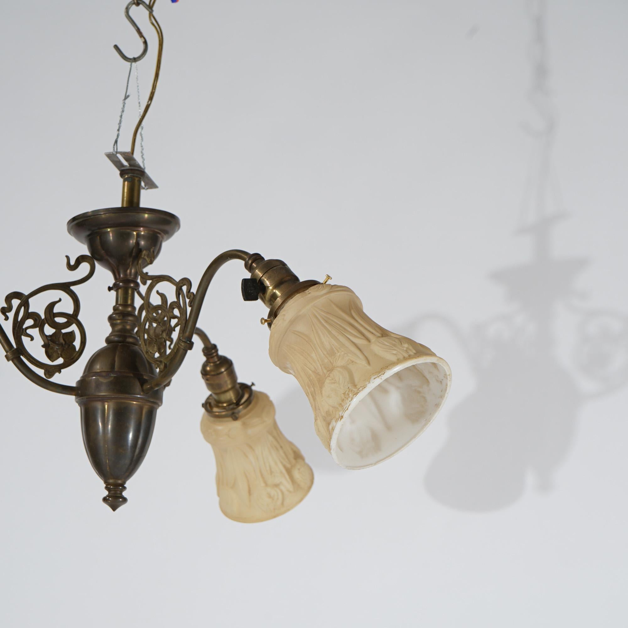 Antike Arts and Crafts-Messing-Hängelampe mit drei Lichtern, um 1920 im Angebot 6